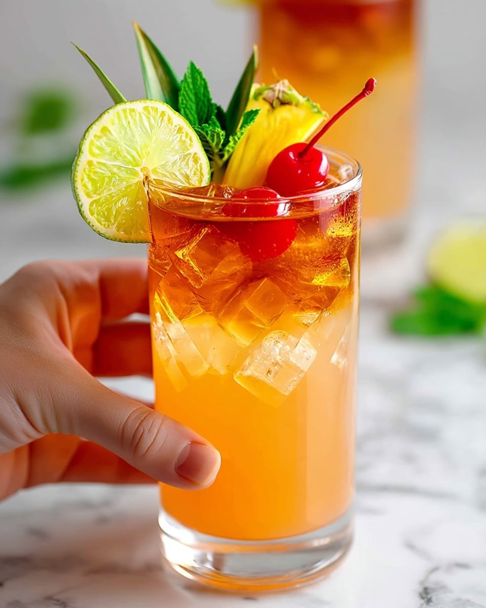 A close-up of a clear glass filled with a two-layer drink, the bottom layer is a light orange color and the top layer is a darker amber color with ice cubes inside. The drink is garnished with a half lime slice, a green mint sprig, a yellow pineapple wedge, and a red cherry on top. A woman's hand is holding the glass from the side with the thumb visible. In the background, there is a blurred image of another similar drink with the same garnishes, all set on a white marbled surface. photo taken with an iphone --ar 4:5 --v 7