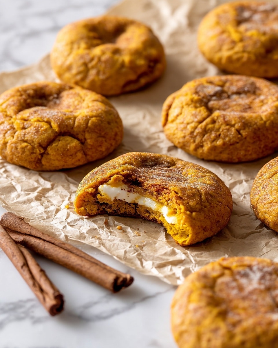 The image shows several soft, round cookies with a warm orange-brown color and a slightly cracked texture on top. One cookie is broken in half to reveal a smooth white creamy layer inside, placed in the center. The cookies are arranged on crinkled light brown parchment paper set on a white marbled surface. Two cinnamon sticks with a rich brown color lay to the right side of the cookies, adding to the cozy autumn feel. The focus is sharp on the front cookies, with the background softly blurred. photo taken with an iphone --ar 4:5 --v 7