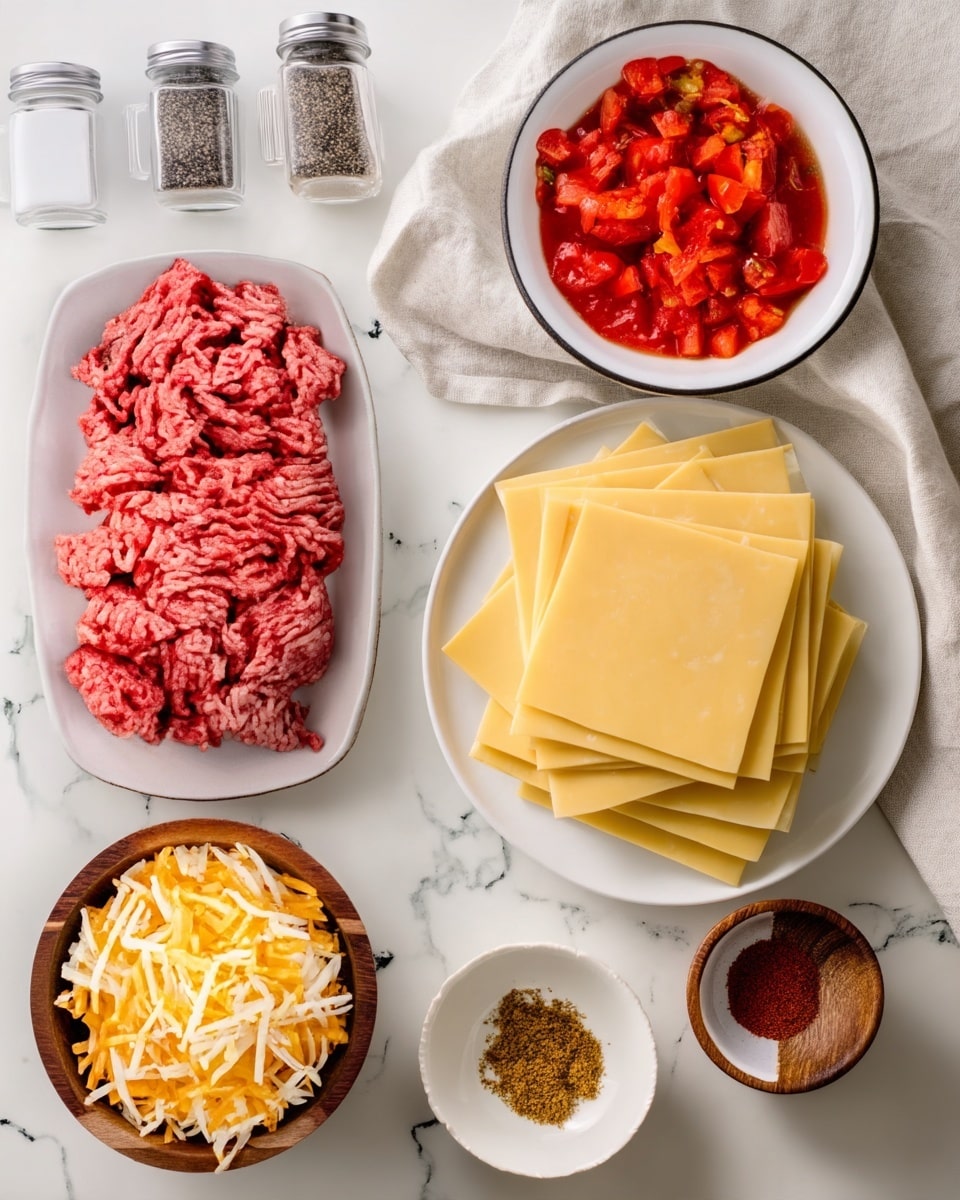 The image shows a top-down view of ingredients neatly arranged on a white marbled surface. On the left, a large white plate holds a heap of raw ground meat with a reddish-pink color and a soft, stringy texture. Below it, a wooden bowl is filled with a mix of shredded yellow and white cheese. In the center, a stack of rectangular, pale yellow dough sheets rests on a white cloth. To the right, a white bowl contains bright red chopped tomatoes in juice, with chunks and a wet texture. Around these main ingredients are small white plates and wooden bowls with spices and minced garlic, in colors ranging from light beige to dark brown and bright red. At the top left corner, clear glass salt and pepper shakers stand side by side. The overall layout is clean and organized with a bright, natural light. Photo taken with an iphone --ar 4:5 --v 7