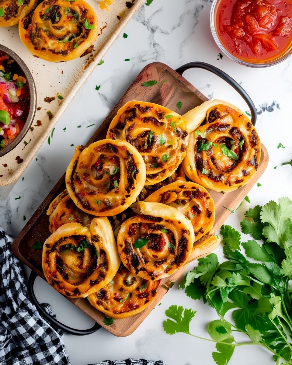 The image shows a wooden board with a black handle holding eight golden-brown spiral pinwheels with visible layers of dough and a slightly crispy texture. The pinwheels have a filling that is dark brown with small bits of red and green, likely herbs and spices, with a sprinkle of fresh green herbs on top. The board is on a white marbled surface. To the top right is a white bowl with red salsa, and to the top left is part of a white rectangular plate with similar pinwheels and a small white bowl of colorful diced vegetables. Fresh green cilantro is placed at the bottom right, and a black and white checkered cloth is near the bottom left. Photo taken with an iphone --ar 4:5 --v 7