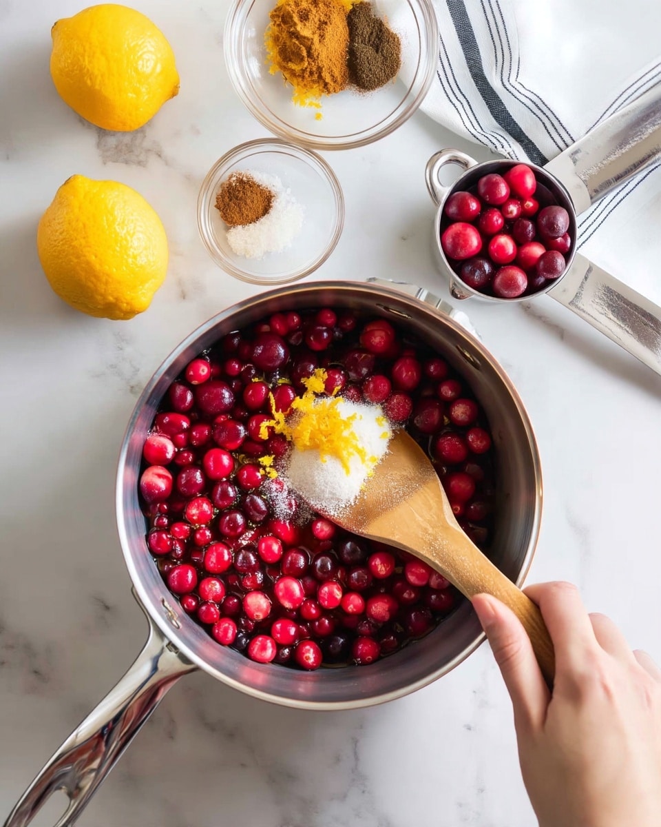 A close-up view shows a woman’s hand holding a wooden spoon stirring a pot filled with bright red cranberries, white granulated sugar, and bright orange lemon zest mixed together. Around the pot on a white marbled surface, there are three clear glass bowls: one with additional lemon zest, one with brown spices with a powdery texture, and one metal measuring cup holding more cranberries. A white cloth with blue stripes is placed near the top. The scene is bright and clean with a natural, fresh look, photo taken with an iphone --ar 4:5 --v 7