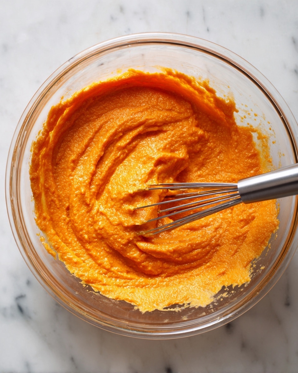 The image shows a close-up of thick orange puree in a clear glass bowl with a whisk partially submerged at the bottom right. The puree has a smooth but slightly grainy texture with some ridges and swirls from stirring. The bowl rests on a white marbled surface that is softly lit, highlighting the bright orange color of the puree. photo taken with an iphone --ar 4:5 --v 7