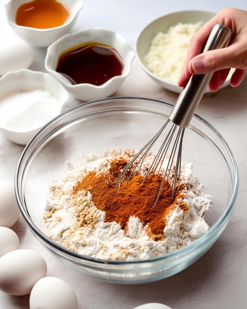 A clear glass mixing bowl holds a dry mix with one layer of white flour, light brown sugar sprinkled on top, and a thin layer of reddish brown cinnamon powder in the center. A woman's hand is holding a silver whisk, stirring the dry ingredients in the bowl. Behind this bowl, there are two small white bowls, one with a dark brown liquid and the other with more light brown sugar. Four white eggs are seen around the bowls on a white marbled surface photo taken with an iphone --ar 4:5 --v 7