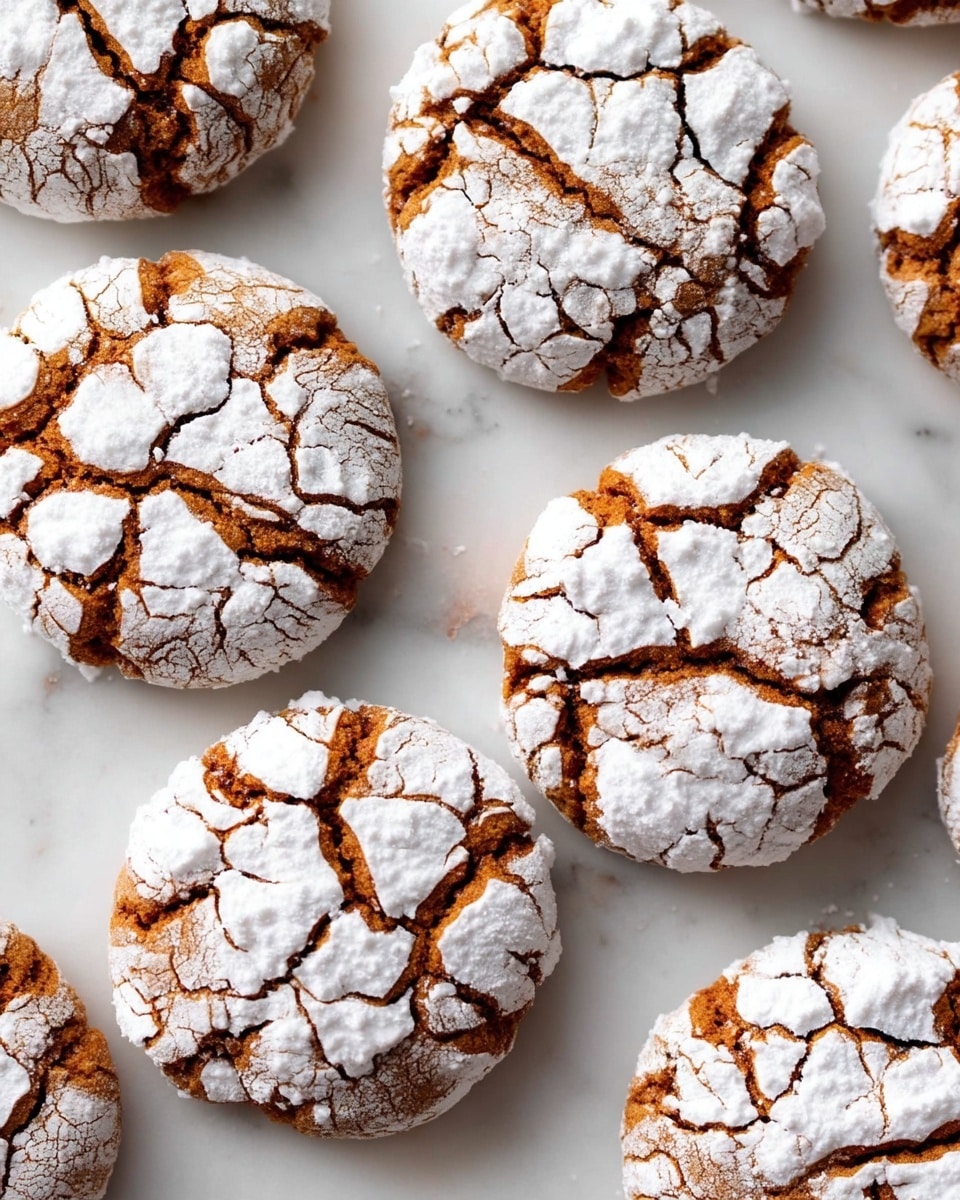 The image shows a group of round cookies placed closely on a white marbled surface. Each cookie has a cracked top layer with a contrast of white powdered sugar sitting on top and a warm brown cookie underneath. The cracked pattern reveals the brown cookie base through the white powdered sugar in irregular shapes. The cookies have a slightly rough texture with uneven edges, and the surface beneath is smooth, bright, and clean. photo taken with an iphone --ar 4:5 --v 7