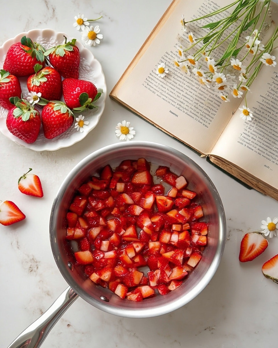 A silver pan filled with many small diced red strawberries that shimmer slightly as if they are juicy or cooked. Above the pan, to the left, there is a white plate with large, whole strawberries with green leaves and small white flowers with yellow centers scattered on top and around it. To the right, part of an open book with cream-colored pages lies flat on a white marbled surface, with a wooden bowl holding stems of small white daisies with yellow centers placed near the top edge. Several strawberry halves and small flowers sit casually on the white marbled surface around the pan and book. photo taken with an iphone --ar 4:5 --v 7