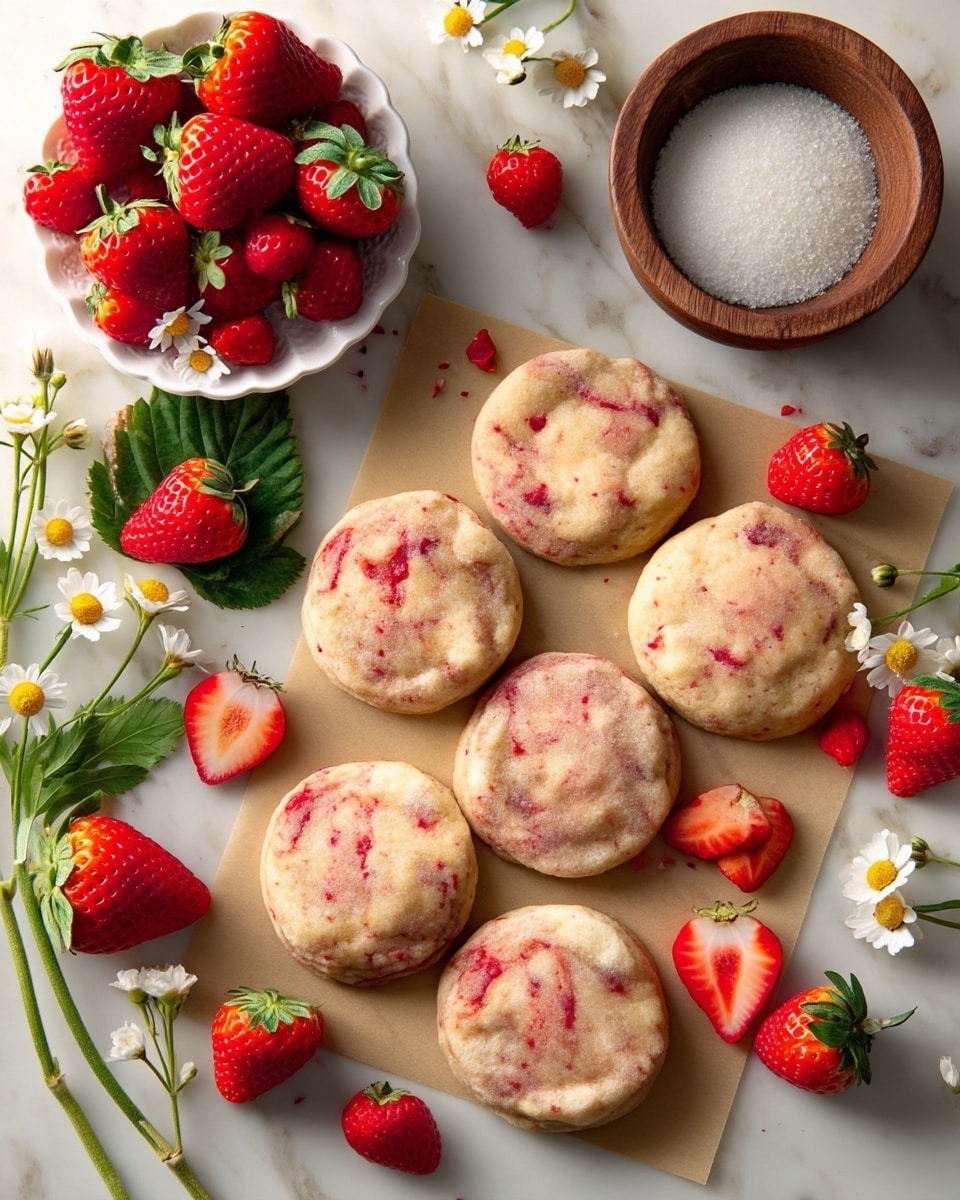 There are nine round cookies with light beige color and red strawberry flecks spread evenly inside, lying on a piece of parchment on a white marbled surface. Around the cookies, many whole and halved bright red strawberries with green leaves are scattered, along with small white and yellow flowers. In the top left corner, a white scalloped bowl holds more whole strawberries, and on the top right, a round wooden bowl filled with white granulated sugar is partly visible. Photo taken with an iphone --ar 4:5 --v 7