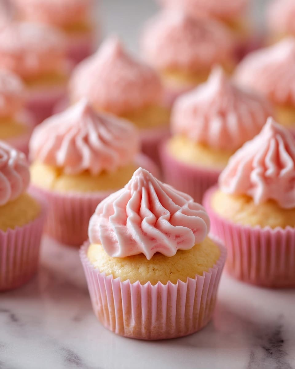 A close-up view of many small cupcakes arranged closely together on a white marbled surface, each cupcake has two visible layers: the base is a soft yellow sponge cake wrapped in a light pink paper liner, and on top is a generous swirl of light pink creamy frosting with a smooth, wavy texture, shaped like a small peak. The focus is sharp on the cupcakes in front while the background cupcakes are softly blurred, giving a sense of depth. photo taken with an iphone --ar 4:5 --v 7
