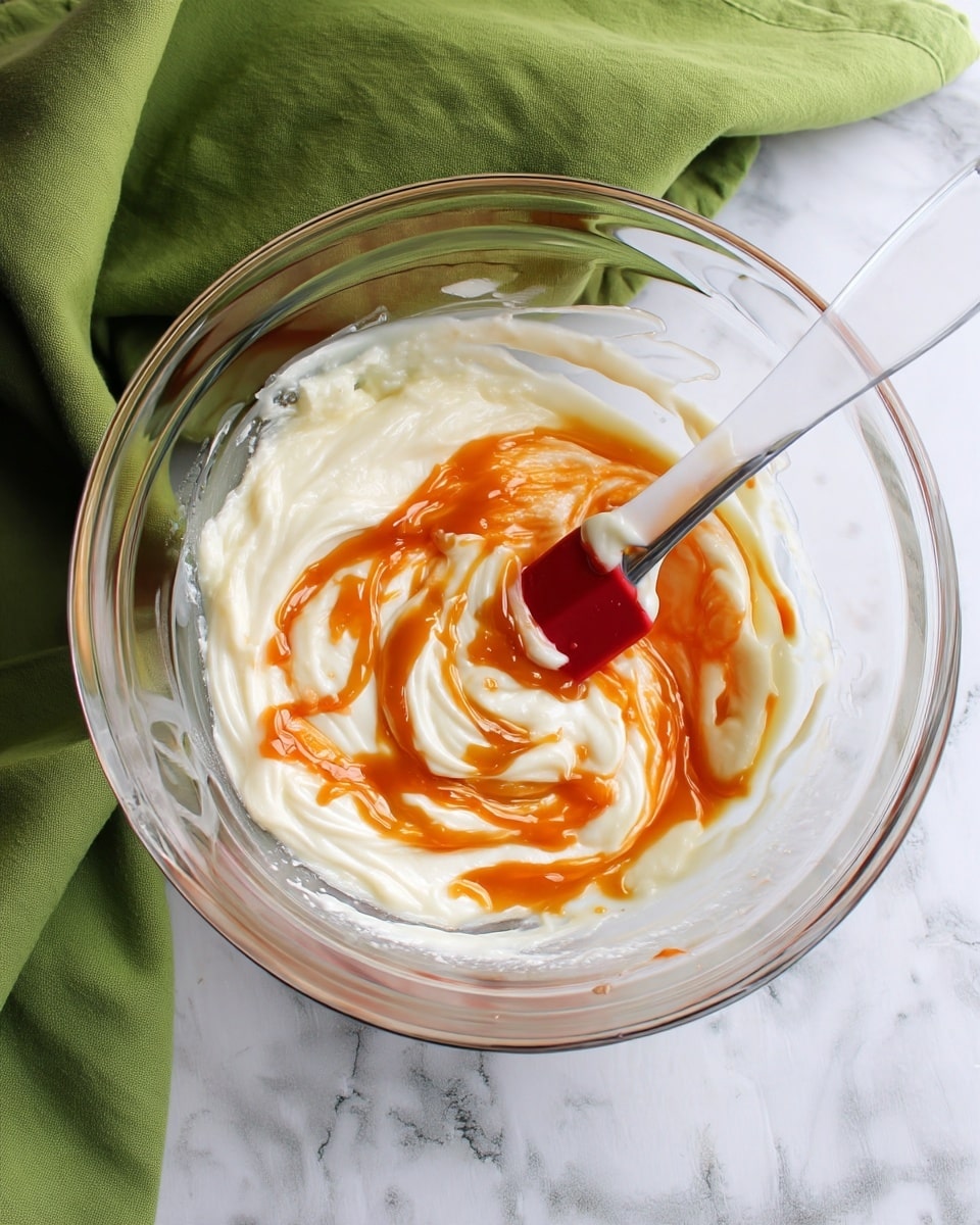 A clear glass bowl holds a white, smooth creamy mixture with an orange sauce being swirled into it by a spatula with a red tip and a clear handle. The creamy base forms most of the bottom layer, thick and velvety, while the orange sauce, glossy and slightly runny, swirls through it in uneven ribbons on top. The bowl sits on a white marbled surface with a crumpled green cloth behind it, adding color contrast. Photo taken with an iphone --ar 4:5 --v 7