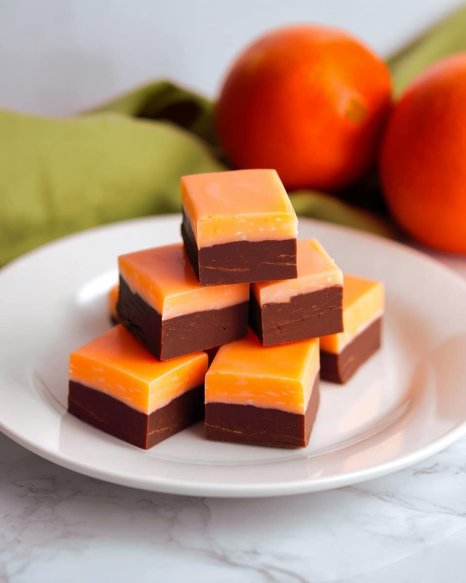 Small square sweets with two clear layers are piled on a white plate. The bottom layer is dark brown and smooth, while the top layer is light orange with a slightly softer texture. Behind the plate, an orange and part of a green cloth are visible, all on a white marbled surface. photo taken with an iphone --ar 4:5 --v 7