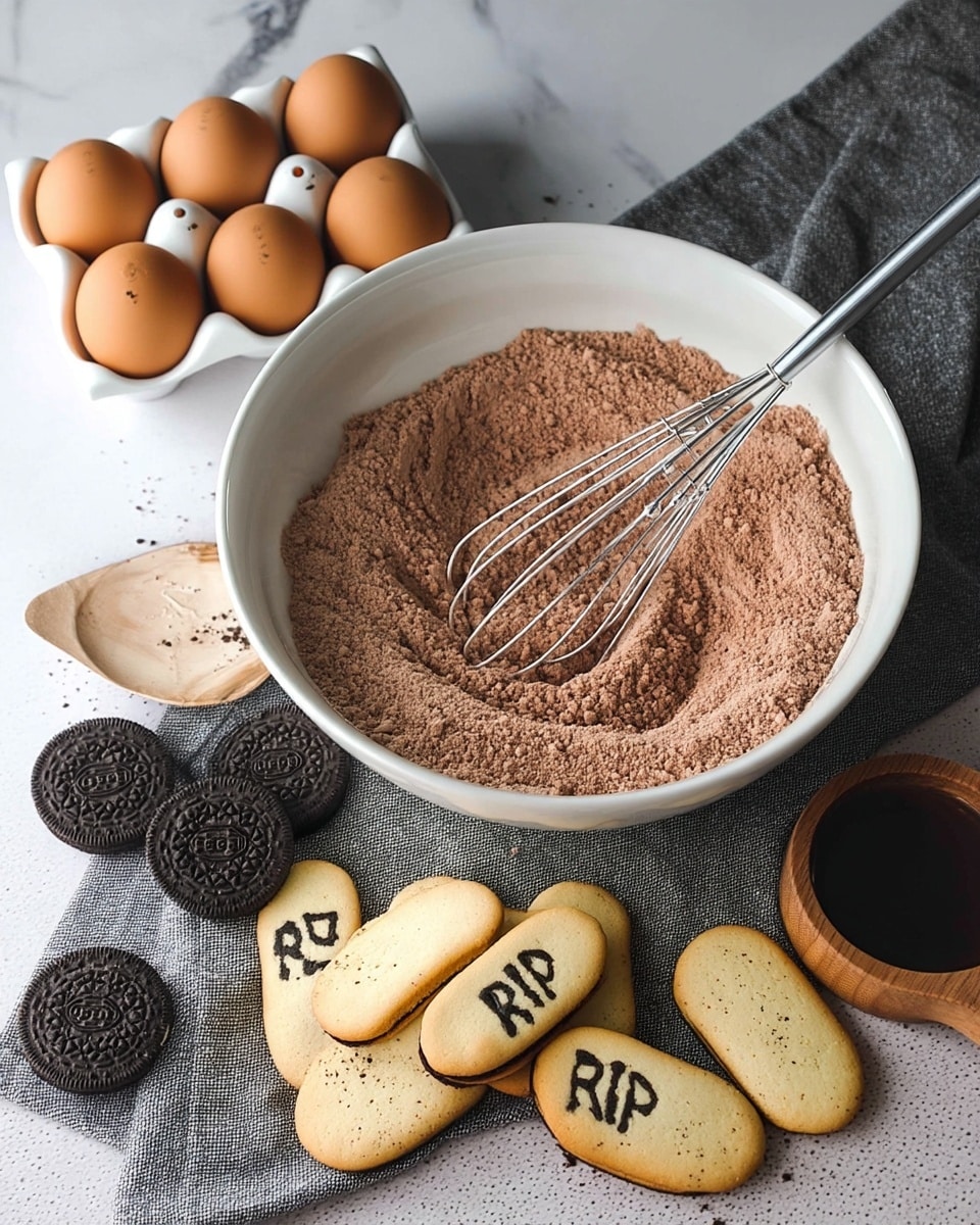 A large white bowl filled with a dry, light brown cocoa powder mixture, with a metal whisk resting in the center, showing some mixing marks. To the left of the bowl, there is a white egg holder with six brown eggs. Around the bowl, there are several oval-shaped yellowish cookies, some stacked and some scattered, with one cookie decorated with the letters