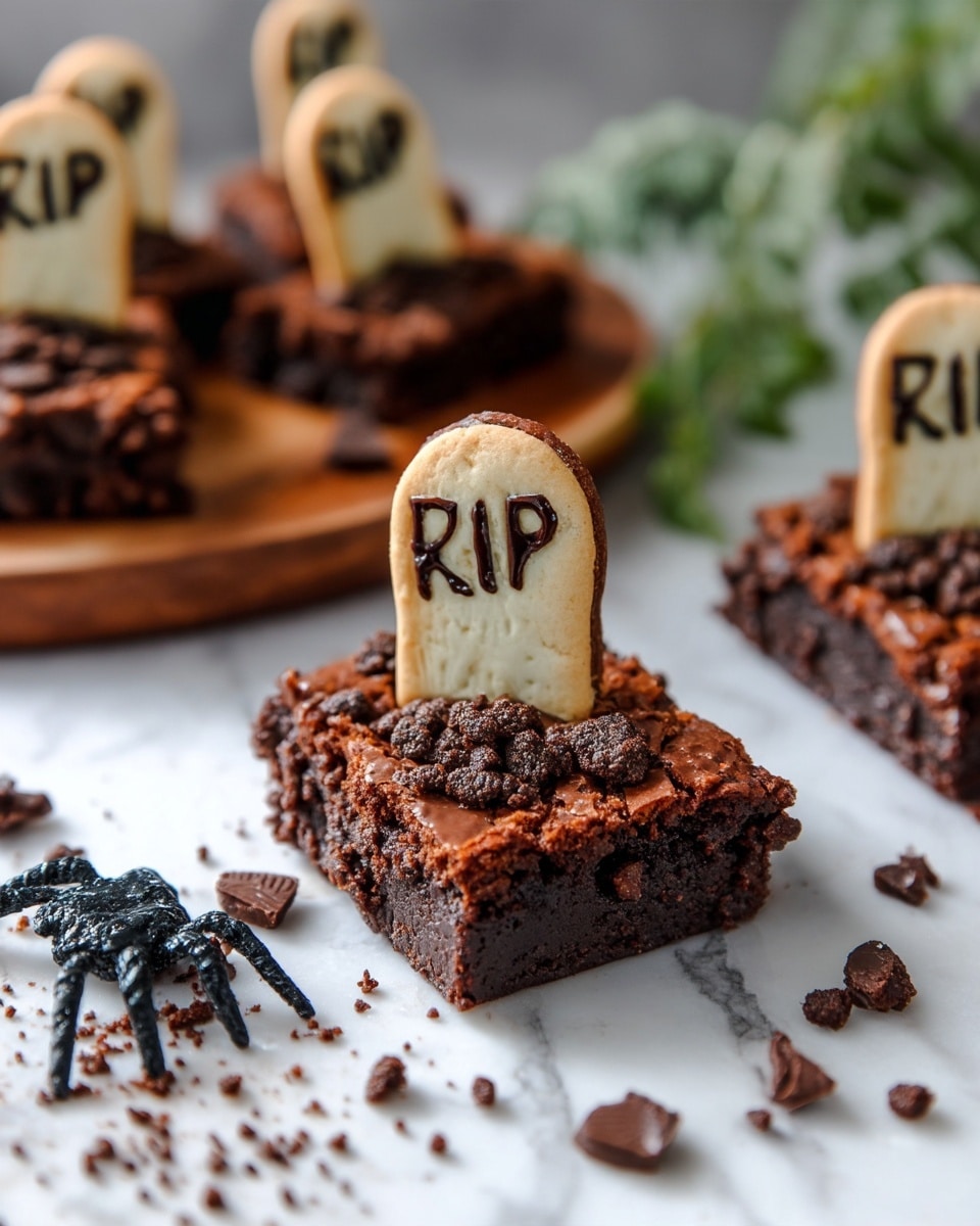 The image shows a single rectangular chocolate brownie topped with crumbled chocolate pieces and a small beige cookie shaped like a tombstone standing upright in the middle of the brownie. The cookie has