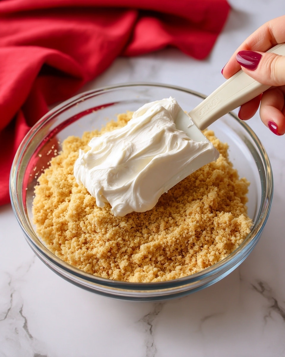 A clear glass bowl holds a thick layer of light golden brown crumbly mixture at the bottom. On top of it, a white woman's hand is holding a spatula with some white creamy mixture on it, slightly textured and smooth, positioned above the crumbs as if ready to mix. The background is a white marbled texture with a blurred red cloth in the top left corner. Photo taken with an iphone --ar 4:5 --v 7