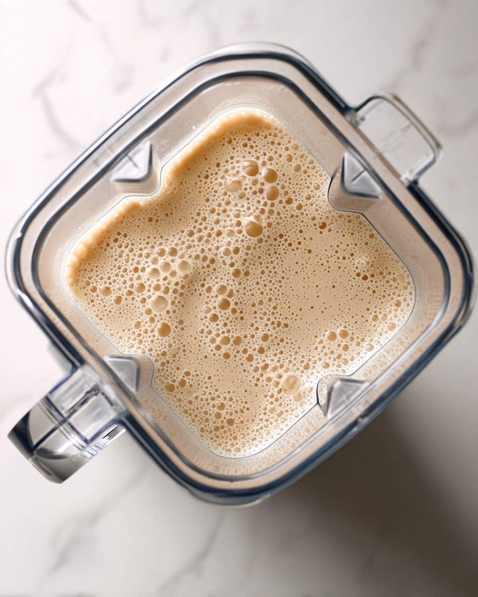 A top view of a clear blender container filled with a light beige creamy mixture that has many small bubbles on the surface. The blender is set against a white marbled background. Photo taken with an iphone --ar 4:5 --v 7