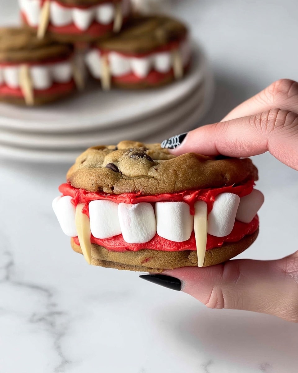A close-up shows a small sandwich made from two golden-brown chocolate chip cookies as the top and bottom layers. Between the cookies is a layer of bright red icing spread thickly, with four white mini marshmallows lined up to look like teeth in the middle. Two sharp pale almond slivers stick out on the sides, giving the appearance of fangs. A woman's hand with black and white spider web nail art gently holds the sandwich with a white marbled surface in the background and a white plate stacked with more cookie sandwiches visible below. Photo taken with an iphone --ar 4:5 --v 7