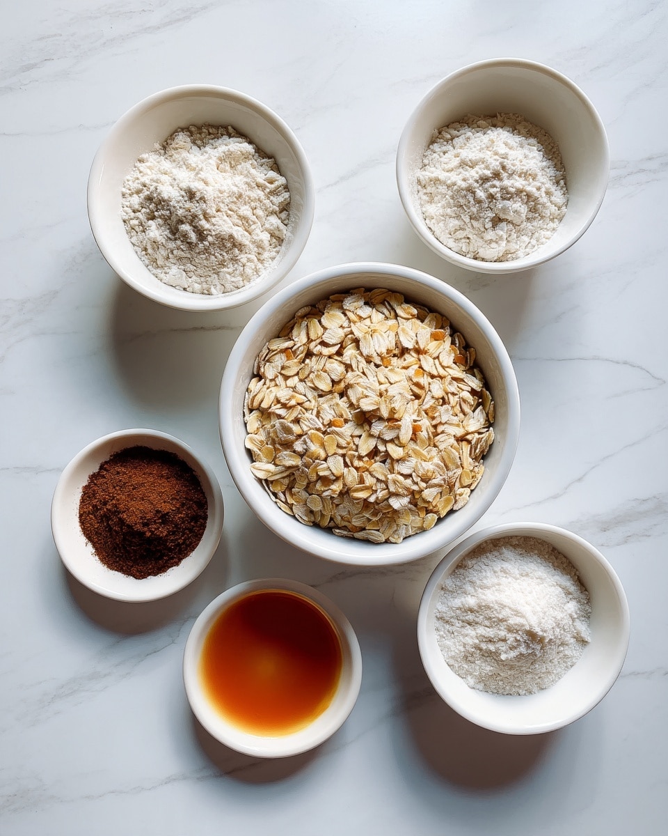 A top view of five white bowls arranged in a circular shape on a white marbled surface. The central bowl is filled with light brown rolled oats with rough, flaky texture. Surrounding it are four smaller bowls, each with different contents: one has white flour, one holds a dark brown powder, another contains a golden syrupy liquid, and the last one has a white powdery substance. The bowls are clean and glossy, with soft natural lighting highlighting the colors and textures. Photo taken with an iphone --ar 4:5 --v 7