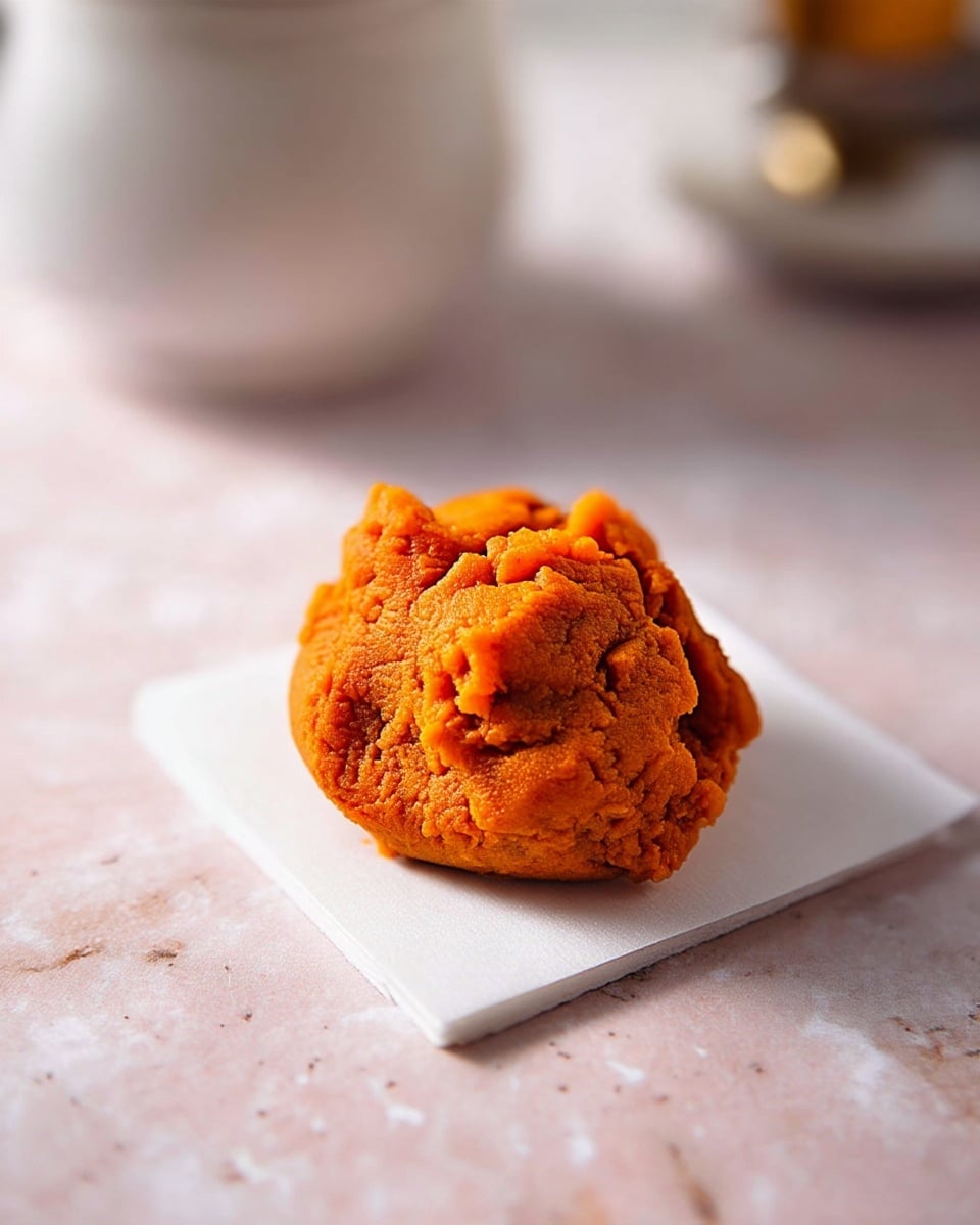 A single piece of orange dough-like food with a rough and crumbly texture sits on a small square white paper. The food has an uneven round shape with some folds and small ridges on its surface. The paper rests on a white marbled texture surface with a soft, pinkish tone visible around it. In the blurred background, part of a white container or bowl can be seen. The lighting is bright and natural, highlighting the texture of the food. photo taken with an iphone --ar 4:5 --v 7
