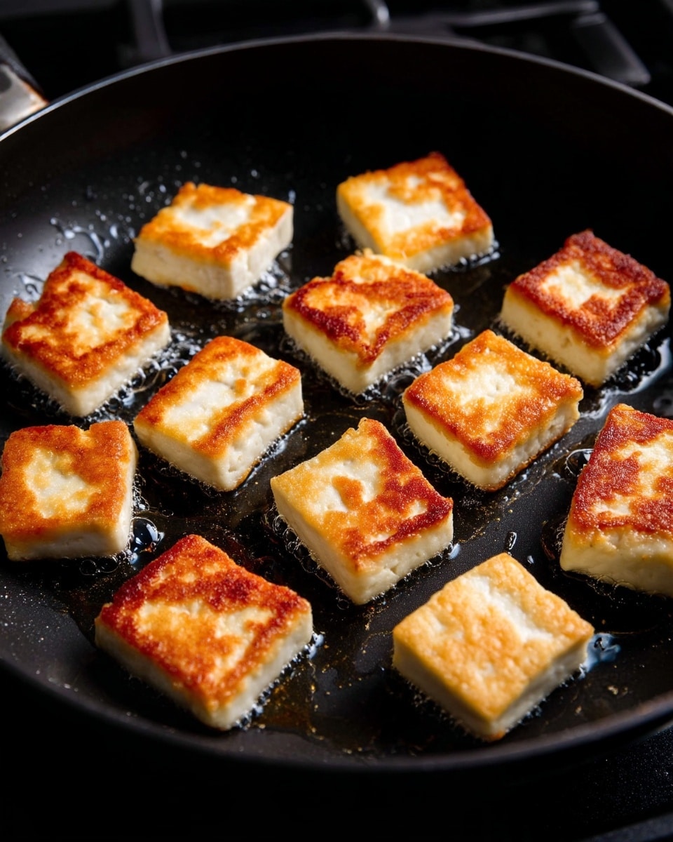 A black frying pan holds 15 small square pieces of tofu being cooked in oil. Each tofu piece has a golden-brown crisp surface on one side, while the other side is white and soft. The tofu pieces are spread out in the pan, some showing more golden color than others. The pan is set on a stove with a dark background. The oil around the tofu shines slightly. The photo is taken from above at an angle, showing the texture and color contrast between the tofu and the black pan. Photo taken with an iphone --ar 4:5 --v 7