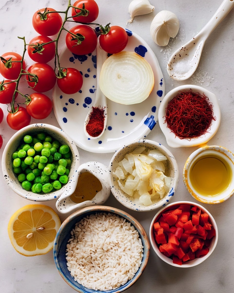 A flat lay of cooking ingredients on a white marbled surface shows a cluster of bright red cherry tomatoes on the vine and a thick slice of white onion placed on a white plate with blue splatter patterns, accompanied by two white ceramic spoons – one filled with red saffron threads and the other with red chili powder. Surrounding these are small white bowls with speckled patterns containing vivid green peas, pale yellow pieces of artichoke hearts, chopped red bell pepper, and golden olive oil. A small white jug with black speckles holds a golden liquid, possibly broth or sauce, and a bowl filled with uncooked white rice grains sits at the bottom center. A halved lemon and three cloves of garlic rest near the edges, along with a white spoon containing coarse salt. The photo taken with an iphone --ar 4:5 --v 7