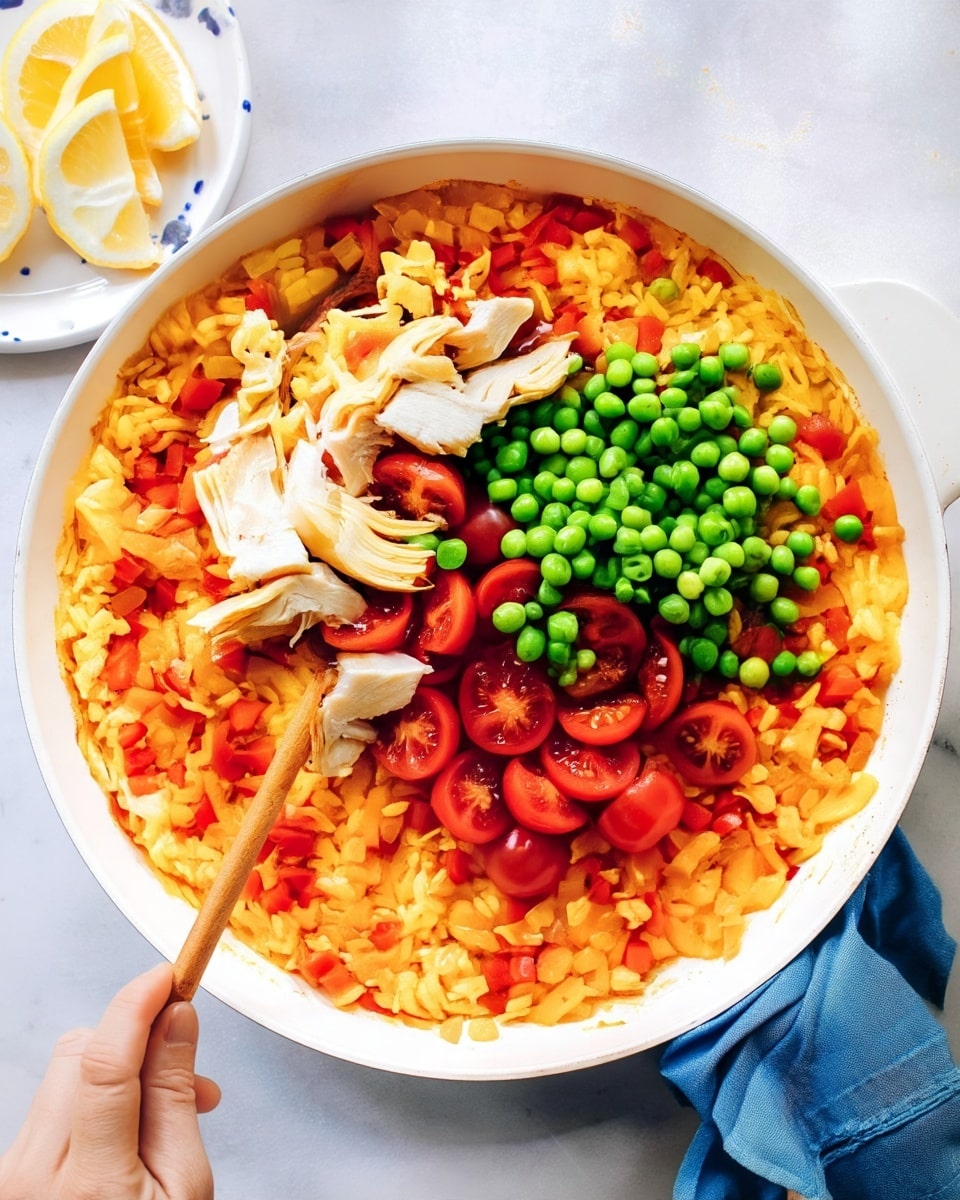 A white pan filled with a colorful rice dish showing three main sections of ingredients on top: bright red chopped tomatoes, a cluster of round fresh green peas, and several pieces of shredded white cooked chicken. The rice is yellow-orange with small diced red and orange bell peppers mixed in, forming a base layer all around. A wooden spoon held by a woman's hand is stirring the mixture from the top left side, and another woman's hand holds a blue cloth at the bottom right of the pan. The pan is placed on a white marbled surface with a white plate of lemon wedges on the top left side. Photo taken with an iphone --ar 4:5 --v 7