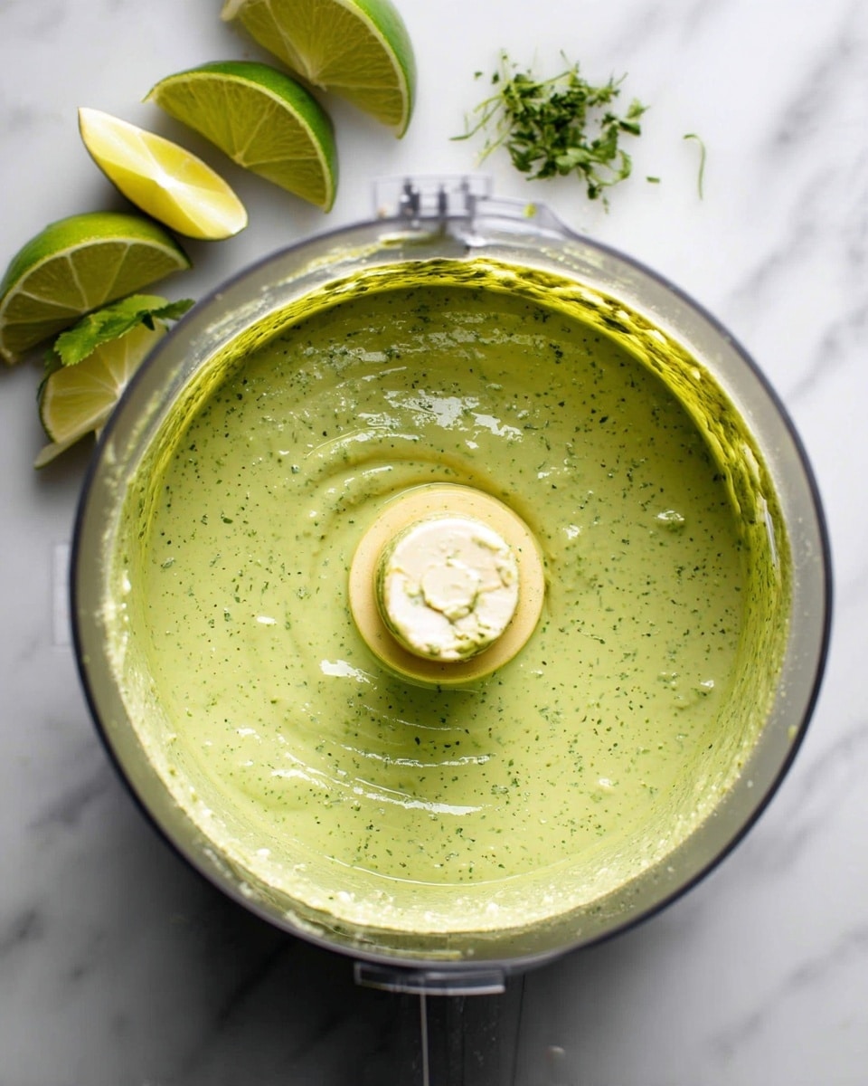 The image shows a close-up of a food processor bowl filled with smooth green sauce with small dark green specks throughout. The sauce is creamy and evenly spread inside the bowl, coating the sides and around the central blade with a slightly shiny texture. Near the top left of the image, several lime wedges with a light green color and shiny texture sit on the white marbled surface, with one small piece of green herb among them. The overall colors are fresh greens and light yellow. photo taken with an iphone --ar 4:5 --v 7