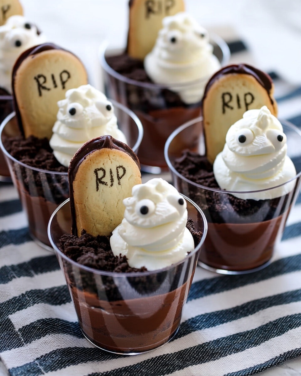 The image shows several small clear cups filled with layered chocolate pudding topped with crushed dark cookie crumbs that look like soil. Each cup has a swirl of white cream shaped to look like a little ghost with two black candy eyes. Behind the ghost in each cup, there is a cookie designed like a brown tombstone with