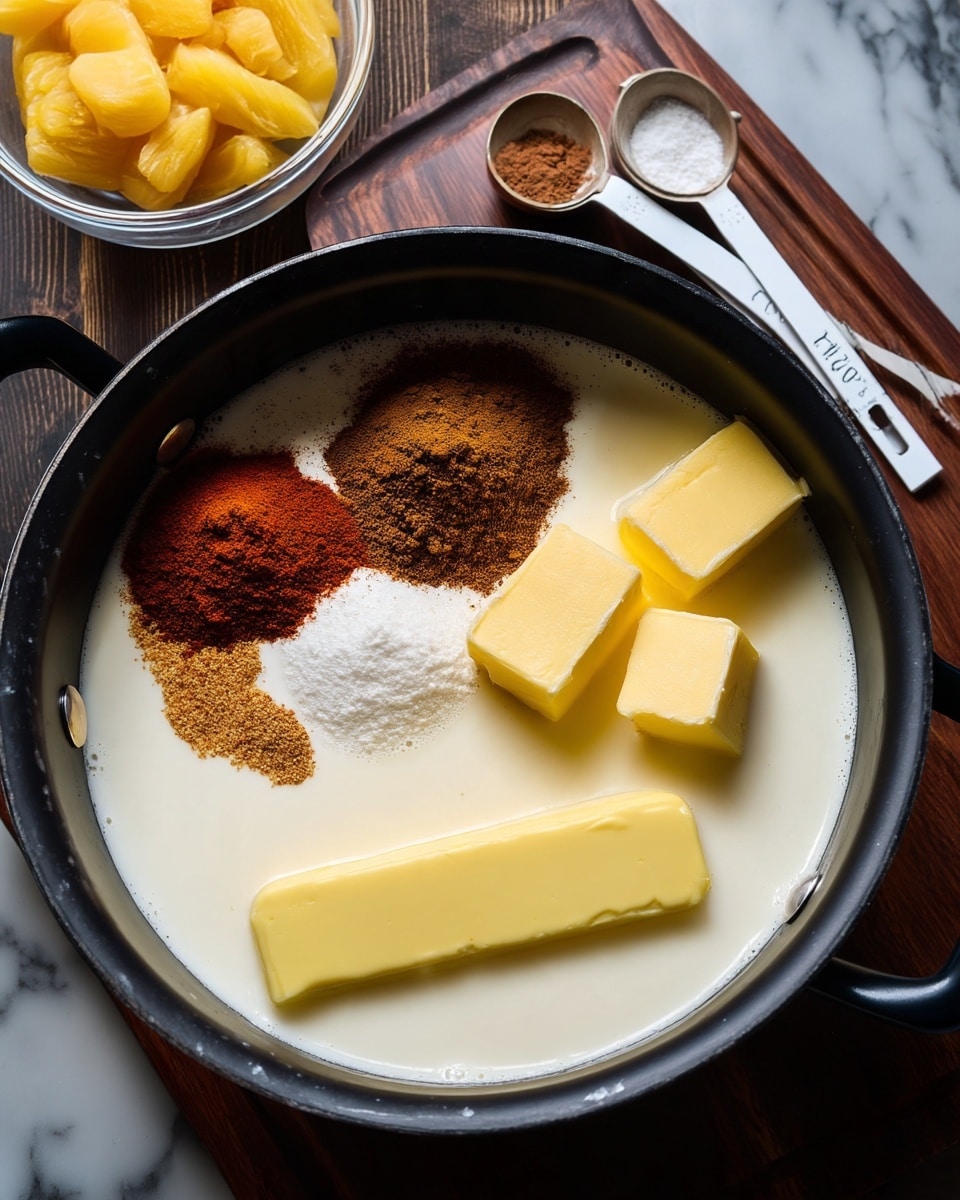 A round black pot contains several ingredients layered side by side. The largest section is a white creamy liquid filling about half the pot on the right side. Two solid yellow sticks of butter lay at the bottom, one being larger and rectangular, the other smaller and cubed, both partially submerged in the liquid. Around the butter and liquid, there are four spices: a reddish-brown powder on the left, a darker brown powder in the upper center, and two other similar brown powders arranged near these, creating a contrast against the white liquid. The pot sits on a dark wooden surface with a pair of white measuring spoons marked 1/2 tsp and 1 tsp nearby. Part of a clear bowl with yellow pieces is visible at the top left, and a white marbled texture replaces all other surfaces unseen in the image. Photo taken with an iphone --ar 4:5 --v 7