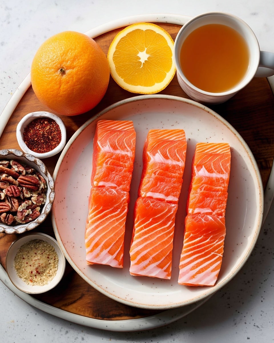Four raw salmon fillets with bright orange color and white fat lines lie side by side in a shallow round white plate with a subtle texture. Below the plate, there is a wooden tray holding a halved bright orange orange on the left, a small white bowl filled with dark brown pecan nuts, a tiny white bowl with beige and red spices, a small brown bowl with light brown grainy mustard sauce, and a white cup filled with amber-colored liquid. The whole scene is set on a white marbled texture. Photo taken with an iphone --ar 4:5 --v 7