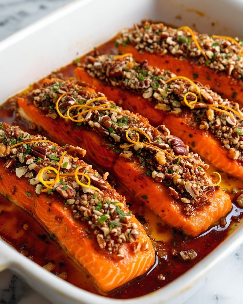 Four long orange salmon fillets lie side by side in a white baking dish, each topped with a thick layer of chopped brown and white pecans mixed with green herbs. Thin, curly orange zest strands are scattered on top of the pecan layer. The salmon sits in a slightly thick, shiny sauce that has pooled at the edges, with a rich red-brown color. The white marbled surface beneath the dish adds a clean and bright background. photo taken with an iphone --ar 4:5 --v 7