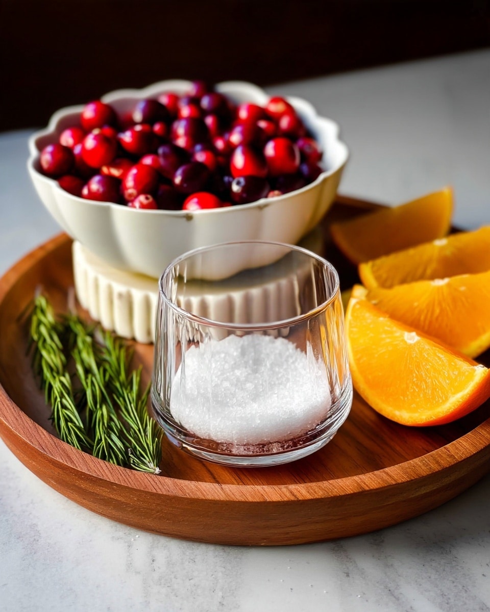 A clear glass placed upside down in the center of a small wooden tray filled with coarse white salt, with the salt visibly coarse and grainy. Behind the tray, to the left, there is a scalloped white bowl filled with bright red cranberries that are round and shiny, sitting on top of a ridged white stand. To the right, three pieces of sliced orange with a vivid orange peel and fleshy inside are placed on the white marbled surface. Two green sprigs of rosemary lie on the left side of the tray on the white marbled surface. The whole setup sits on a white marbled table with a dark, out-of-focus background. Photo taken with an iphone --ar 4:5 --v 7