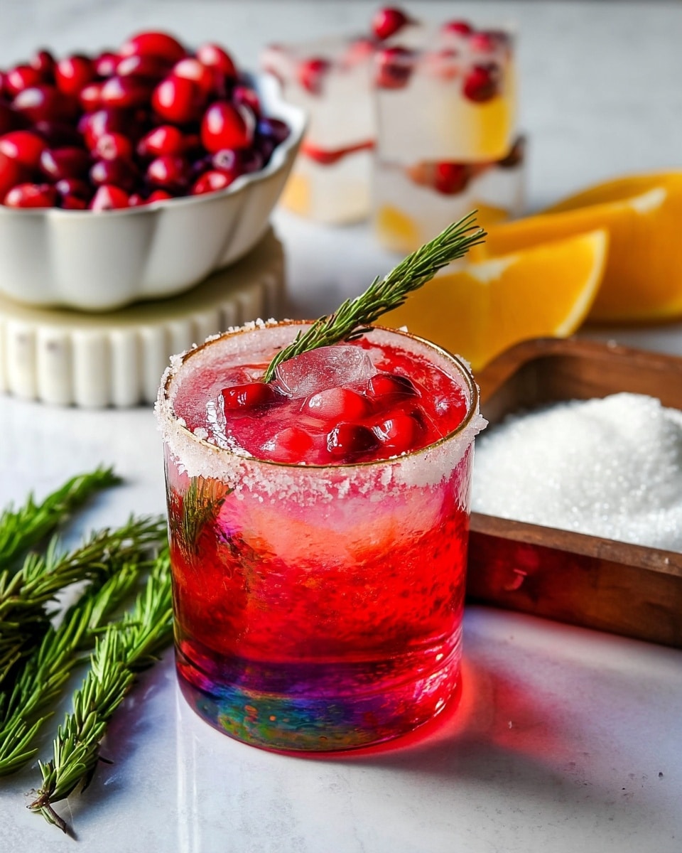 A vibrant drink is shown in a clear glass with a textured, rainbow-like shine on the outside. The glass has a thick layer of white sugar around the rim and is filled with a bright red liquid with ice cubes floating inside, some with small red berries. A green sprig of rosemary rests on top of the ice. In the background, a white bowl filled with bright red berries sits on a white marbled surface beside several clear ice cubes with red berries inside. To the right, a square wooden dish holds a mound of white granulated sugar, and orange slices are partially visible. Fresh green sprigs lie on the white marbled surface to the left of the glass. photo taken with an iphone --ar 4:5 --v 7