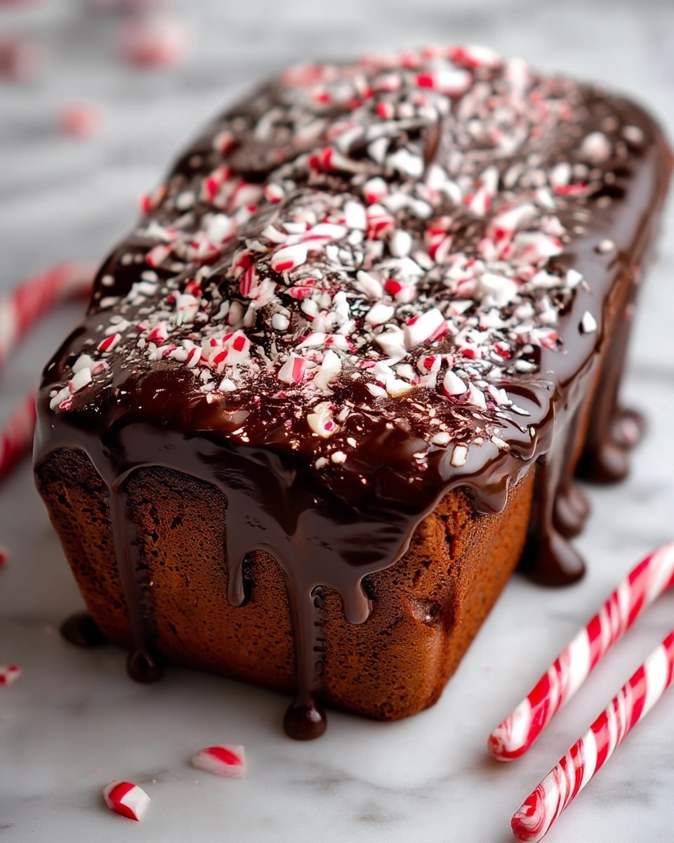A rectangular chocolate cake sits on a white marbled surface, covered in a thick, glossy layer of dark chocolate glaze that drips smoothly down the sides. On top of the cake, crushed red and white peppermint candy pieces are spread evenly, adding a textured and colorful contrast to the dark chocolate. The cake itself shows a rich brown color beneath the glaze, with a slightly rough surface visible on the sides. Around the cake, two whole peppermint sticks are placed, one partly in the frame at the bottom. Photo taken with an iphone --ar 4:5 --v 7