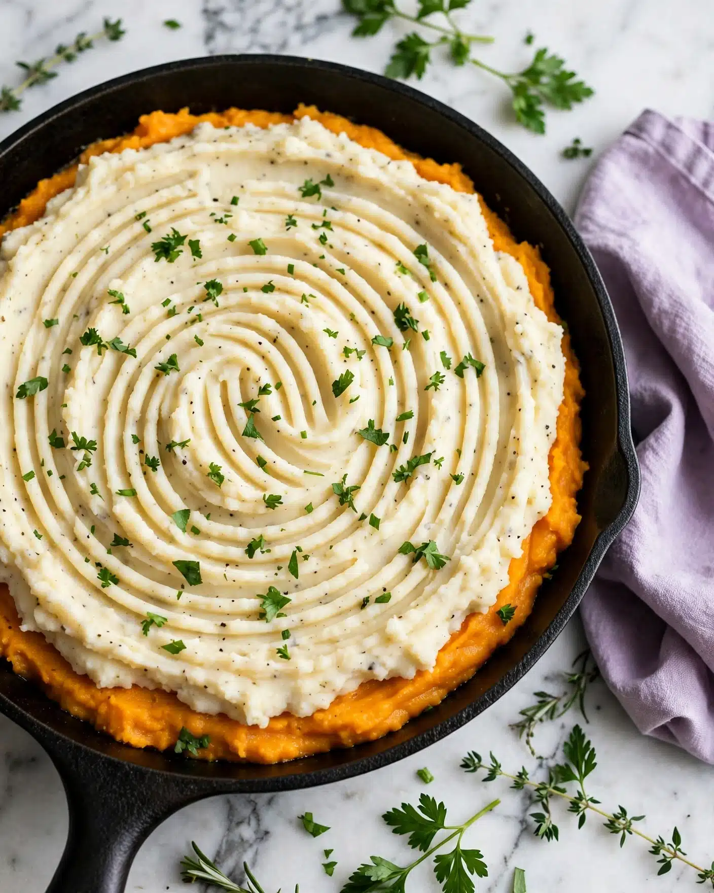 Skillet Shepherd's Pie Recipe 5 A round black cast iron pan holds a two-layer dish; the bottom layer is a bright orange, smooth texture peeking around the edges, almost like mashed sweet potatoes or squash, while the top layer is light cream-colored mashed potatoes with a ridged, swirling pattern made by a fork. Small pieces of chopped green herbs are sprinkled over the top layer, adding color contrast. The pan is set on a white marbled surface with a soft lavender cloth napkin beside it and sprigs of fresh green herbs arranged around it. photo taken with an iphone --ar 4:5 --v 7