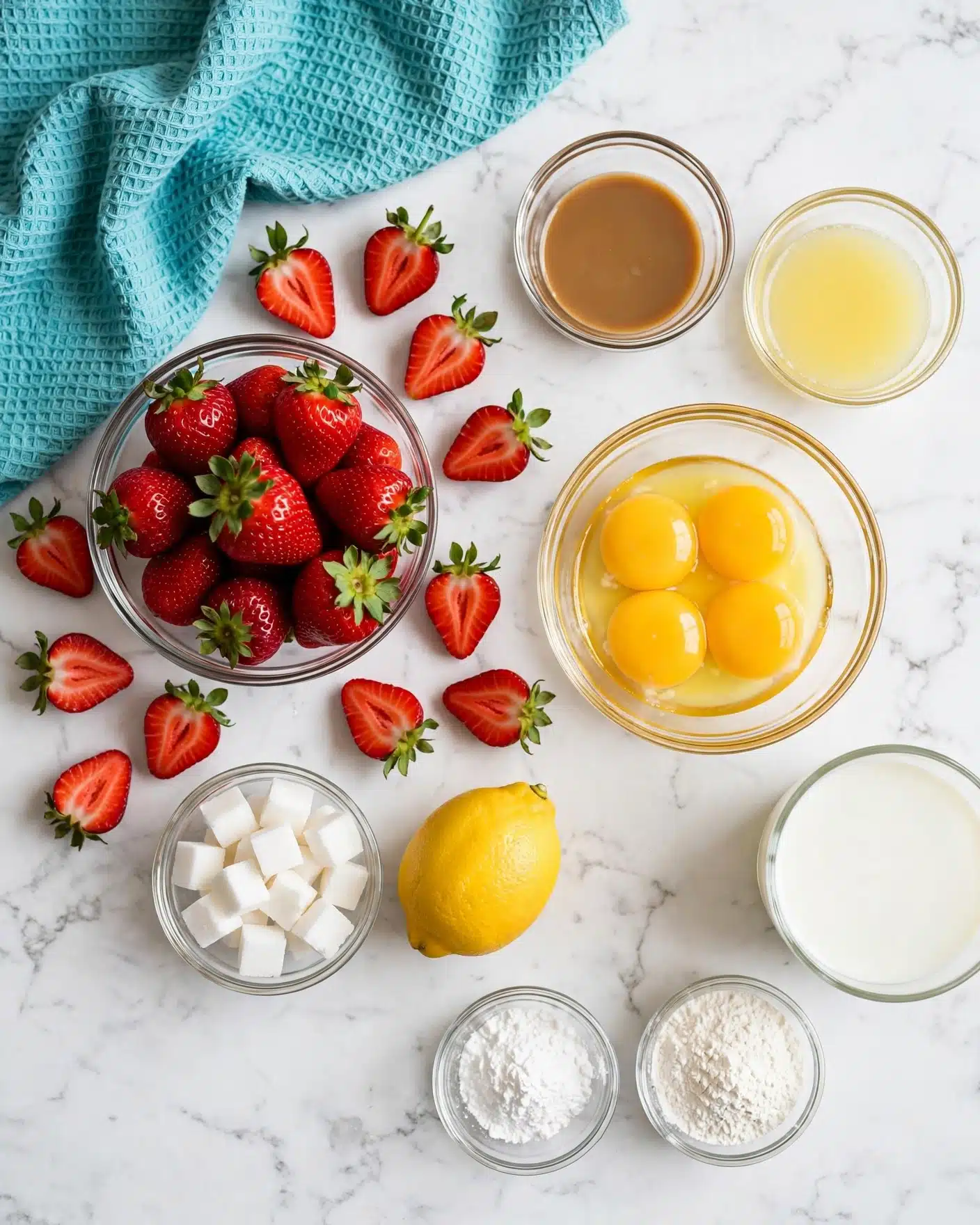 Strawberry Curd Recipe 4 A top-down view of ingredients arranged neatly on a white marbled surface, featuring a clear bowl filled with bright red strawberries at the center left, surrounded by halved strawberries with green tops placed around it. To the right, a clear bowl holds four vibrant yellow egg yolks, with smaller clear bowls above containing light brown and pale yellow liquids. Below the strawberries is a small clear bowl with white cubed blocks, and next to it is a whole bright yellow lemon. Toward the bottom right, two small clear bowls contain white powdery substances, with one larger clear bowl filled with white liquid nearby. A turquoise textured cloth is laid out on the upper left corner. Photo taken with an iphone --ar 4:5 --v 7