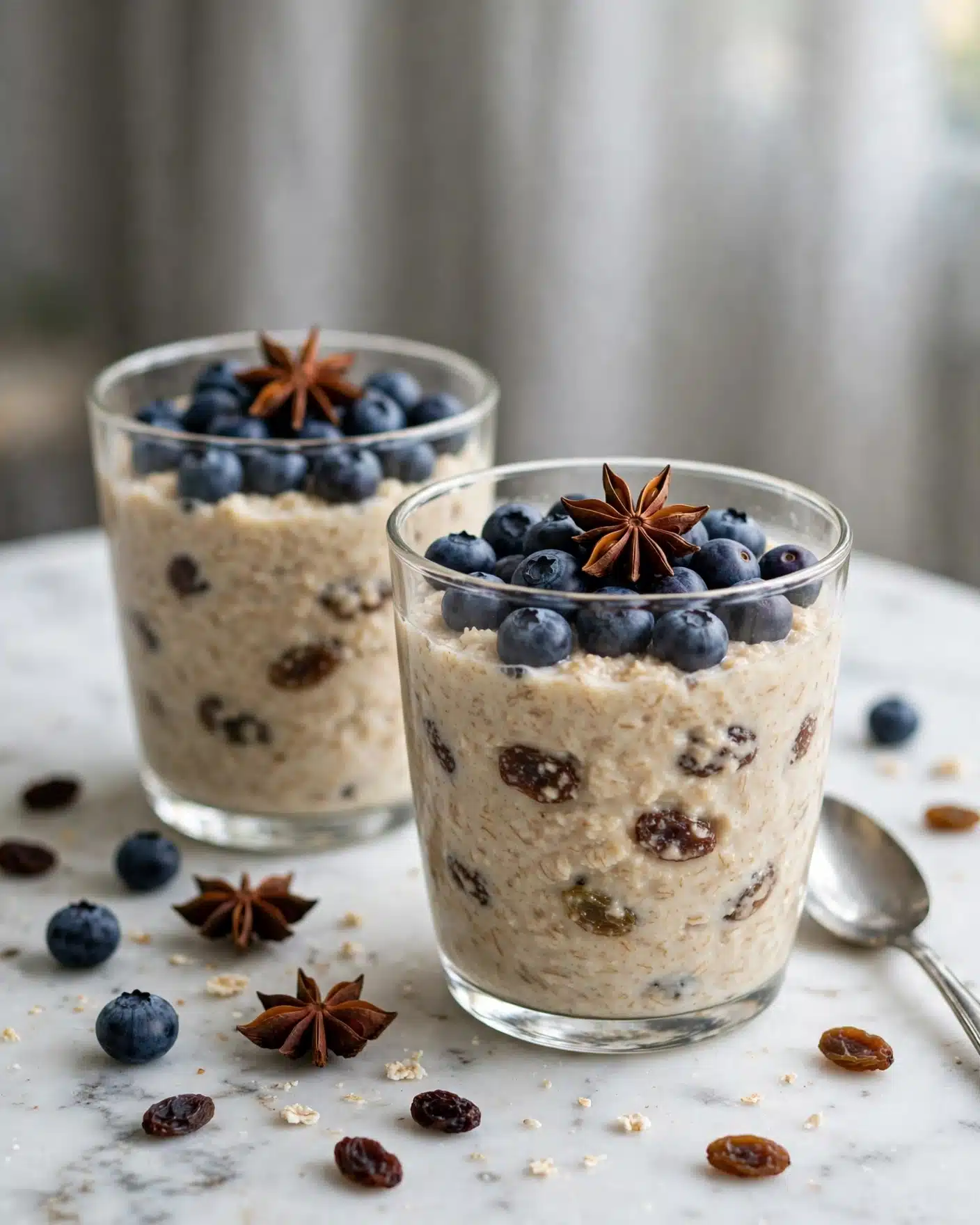 Instant Pot Rice Pudding Recipe 5 Two clear glass cups filled with a creamy, thick beige oatmeal mixed with visible raisins. The oatmeal fills about three-quarters of each glass. On top, there is a layer of fresh dark blue blueberries scattered around, and a whole brown star anise stands out as decoration on each cup. The glasses sit on a white marbled surface with some raisins and star anise aromas scattered around, alongside a silver spoon placed near the closest cup. The background is soft and out of focus with light gray curtains. Photo taken with an iphone --ar 4:5 --v 7