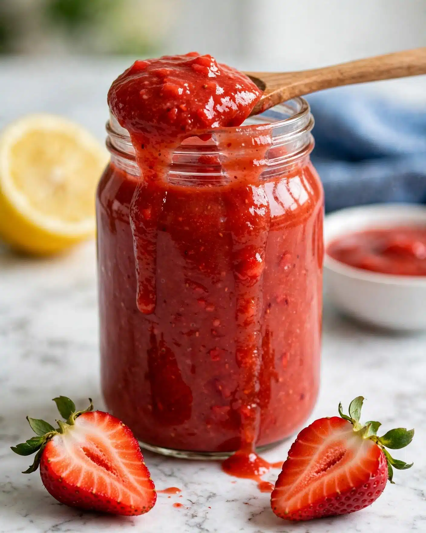 Strawberry Curd Recipe 5 A clear glass jar filled with a smooth, pink strawberry mousse-like dessert is shown, with a wooden spoon holding a scoop of the creamy pink mousse above the jar. Inside the jar, there is one visible half of a fresh strawberry with its green top poking out from the pink dessert. Around the jar, on a white marbled surface, whole and halved red strawberries are scattered. In the background, a white bowl filled with more of the pink mousse and a blurred lemon slice can be seen. The overall look is fresh and bright, with the textures showing a soft and creamy dessert. Photo taken with an iphone --ar 4:5 --v 7