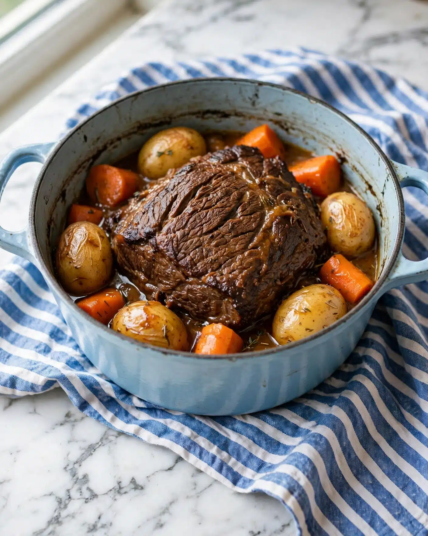 A light blue round cast iron pot sits on a blue and white striped cloth over a white marbled surface, filled with a slow-cooked dish. Inside, at the center, there is a large, thick piece of dark brown meat with a rich, textured surface showing cooked lines and slight caramelization. Surrounding the meat are several whole small potatoes with a golden-brown color, interspersed with bright orange carrot chunks, all coated lightly in a glossy sauce. The pot's interior rim shows some signs of use, adding a rustic touch. Photo taken with an iphone --ar 4:5 --v 7
