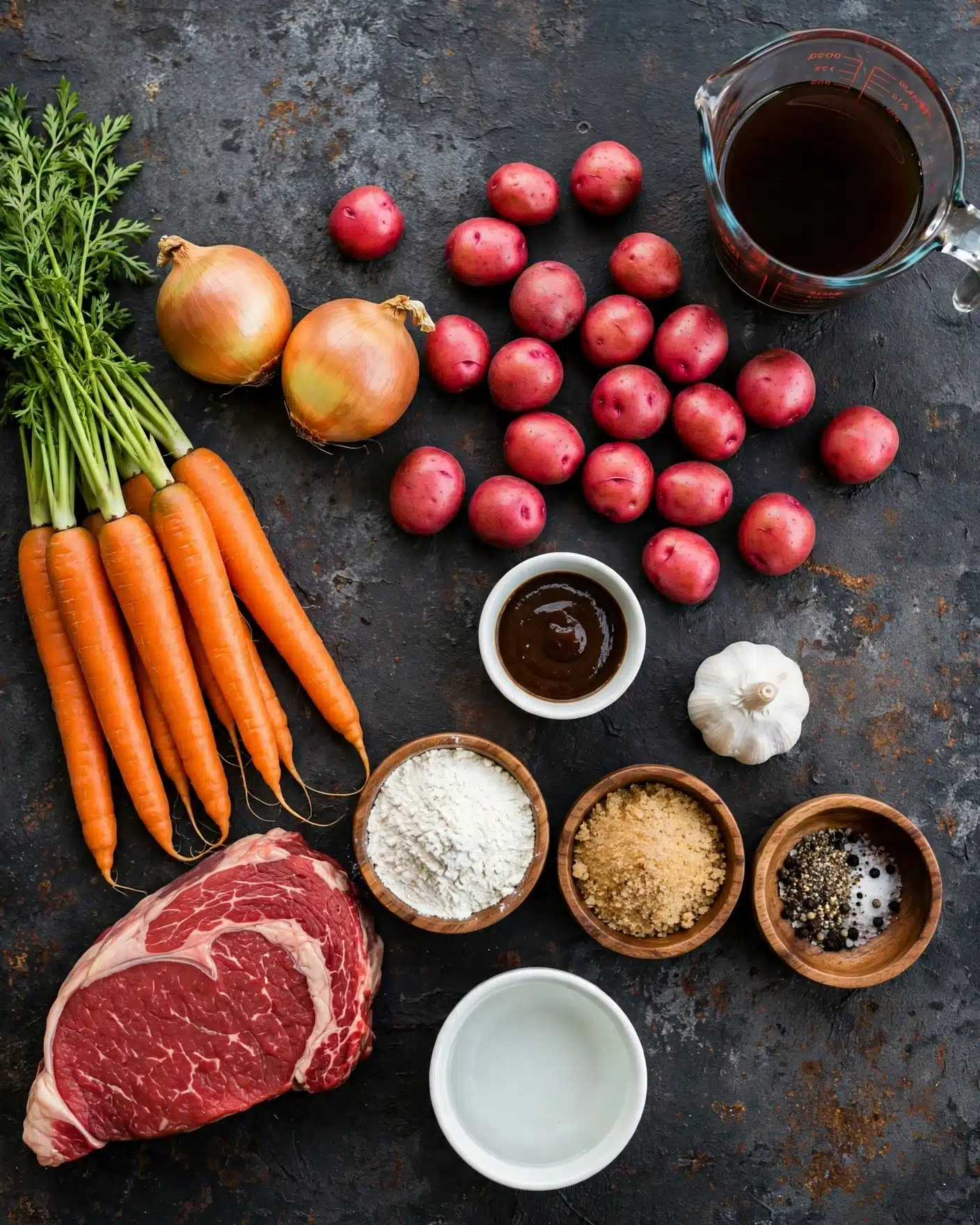 The image shows a flat lay of ingredients neatly arranged on a dark, textured surface. There are bright orange carrots grouped on the left side, next to a large piece of red raw meat positioned at the bottom left. Above the carrots are two yellow-brown onions, and to their right are many small red potatoes spread out. Near the bottom right side, a whole white garlic bulb is placed next to small wooden bowls containing white flour, light brown sugar, and a mix of black pepper and salt. There is a small white bowl with clear liquid at the bottom center. At the top right, a clear glass measuring cup filled with dark brown liquid is positioned, and in the middle a small white bowl contains a darker sauce. The whole scene is set on a dark surface with slight gray and rust colors. photo taken with an iphone --ar 4:5 --v 7
