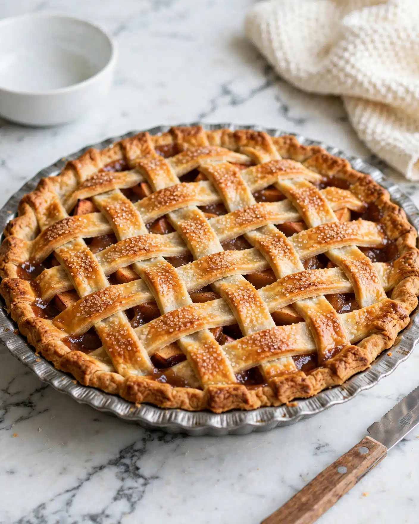 A golden brown lattice-topped pie sits in a round metal pie dish, showing thick crust edges that are crimped and flaky with a slightly rough texture. The lattice strips on top are a warm amber color with a sugar-like sprinkle that glistens slightly, showing a rich baked shine. The filling beneath the lattice hints at a dark brown shade peeking through the gaps. The pie is placed on a white marbled surface with a white ceramic bowl to the upper left and a cream-colored knitted cloth to the upper right. A knife with a wooden handle lies diagonally at the bottom right. Photo taken with an iphone --ar 4:5 --v 7