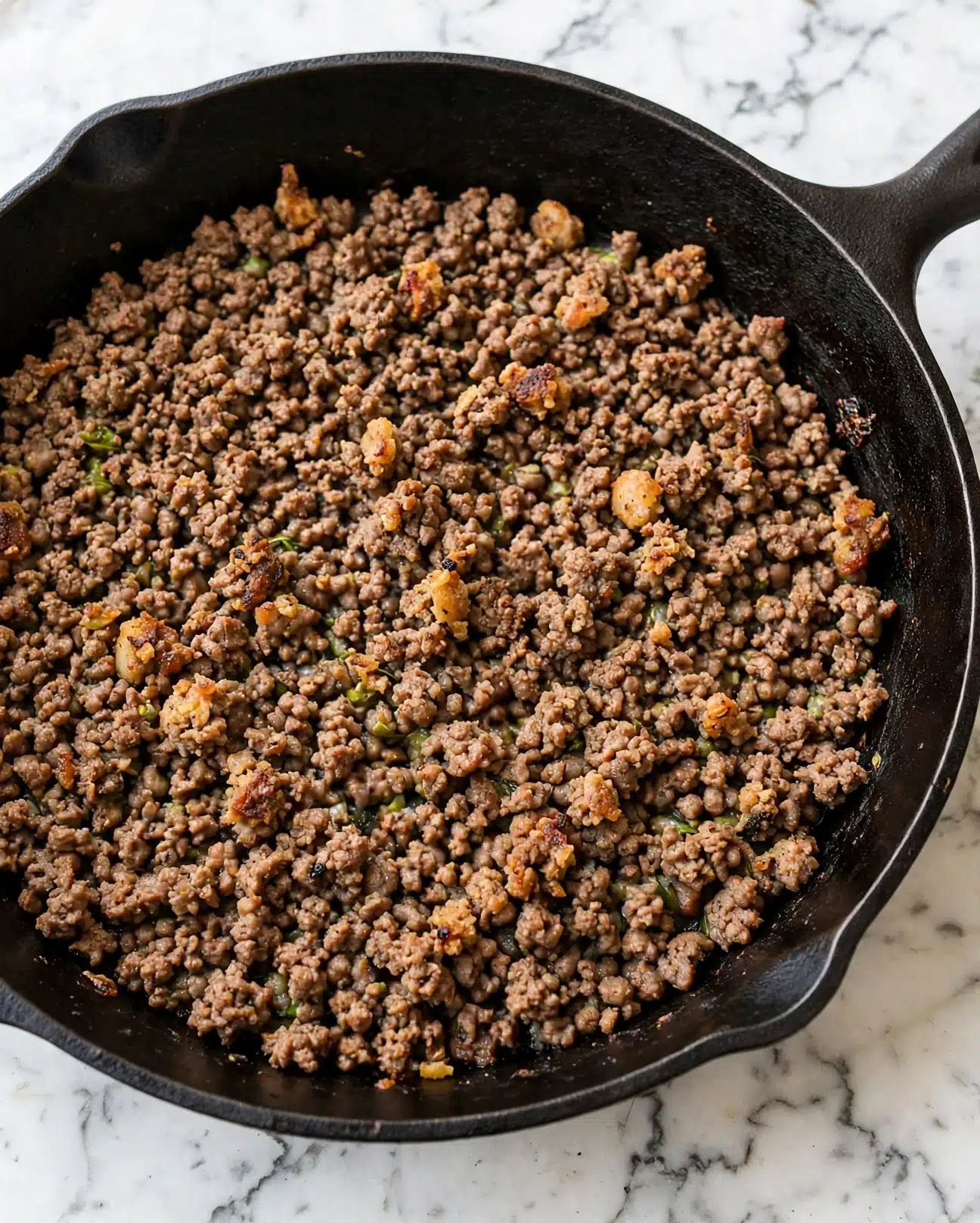 Sweet Chili Ground Beef and Brussels Sprouts Skillet Recipe 4 The image shows a single large layer of cooked ground meat in a black skillet. The meat is browned with a crumbly texture and evenly spread across the pan, with some small bits and pieces creating a rough surface. The skillet is placed on a white marbled surface. photo taken with an iphone --ar 4:5 --v 7