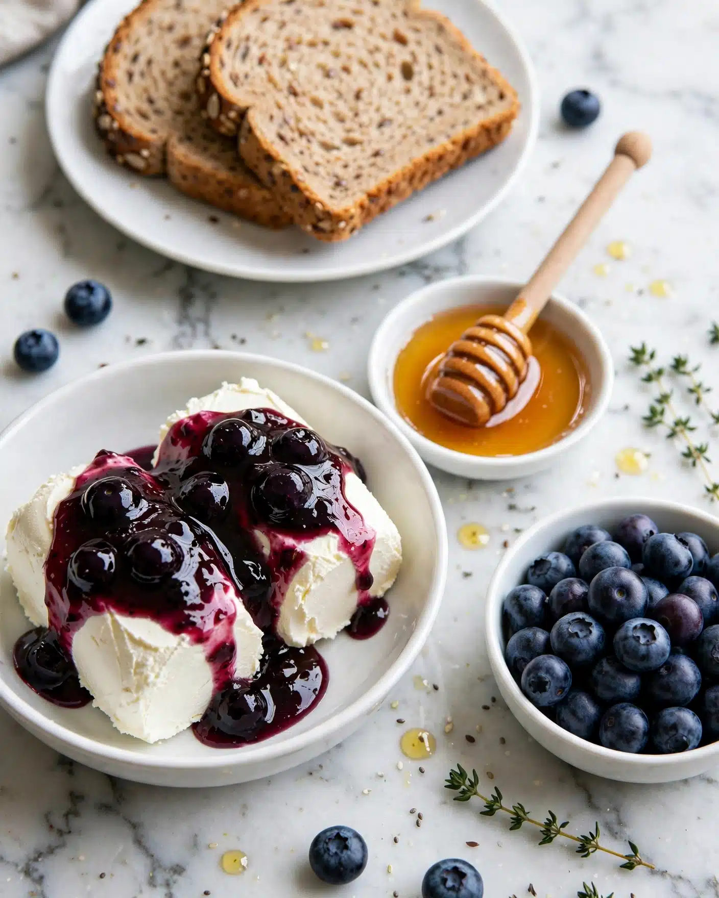 Blueberry Goat Cheese Spread Recipe 4 In a white bowl on a white marbled surface, there are two thick white cream cheese pieces side by side, topped with a glossy dark purple blueberry jam that softly drips over the sides. Nearby, there is a small white dish with golden honey and a honey dipper resting inside, as well as a white bowl filled with fresh dark blue blueberries. In the background, a white plate holds a couple of slices of multigrain bread with visible seeds. Photo taken with an iphone --ar 4:5 --v 7