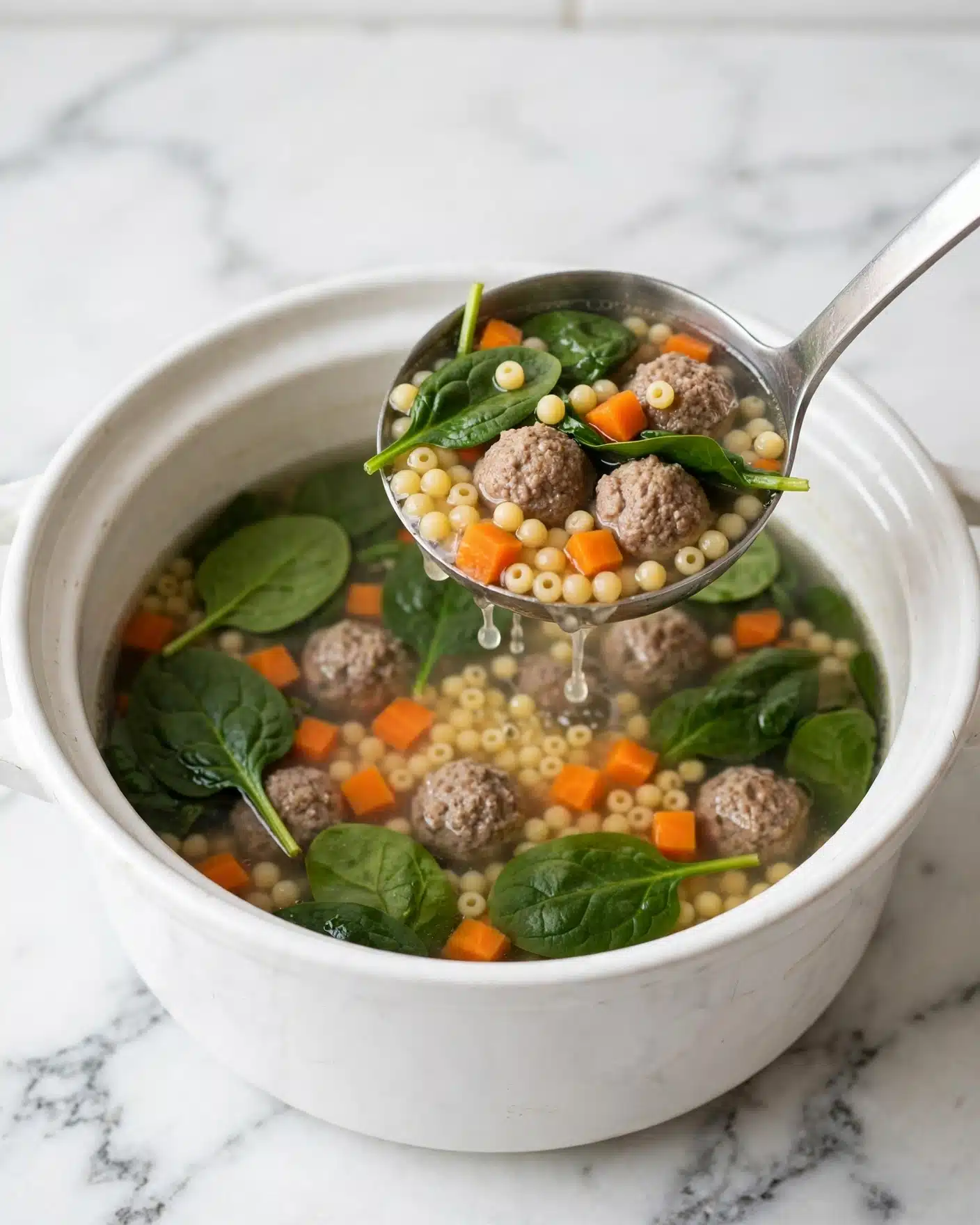 The image shows a white pot filled with clear broth soup containing several layers of ingredients. The top layer includes fresh green spinach leaves, bright orange diced carrots, and small round light yellow pasta pearls scattered throughout. There are also small browned meatballs spaced evenly in the soup, which rest among the vegetables and pasta. A silver ladle is lifting a scoop from the pot, displaying a mix of all these ingredients. The background is a white marbled surface, adding a clean look to the scene. Photo taken with an iphone --ar 4:5 --v 7