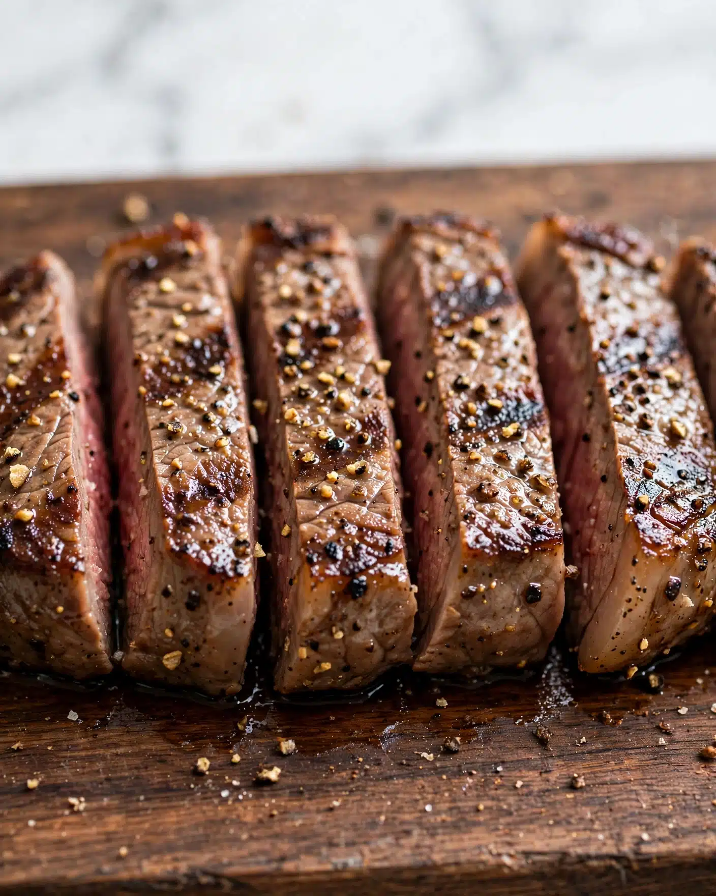 Black n' Blue Grilled Steak Salad Recipe 4 A close-up view of a cooked steak lying flat on a wooden board with a dark brown tone, showing a textured surface with a mix of pinkish-brown meat and a caramelized outside crust speckled with coarse, golden-brown cracked spices and black pepper, creating a rough and slightly glistening look. The lighting highlights the juicy shine and detailed seasoning on the steak, while the white marbled background softly blurs out behind it. Photo taken with an iphone --ar 4:5 --v 7