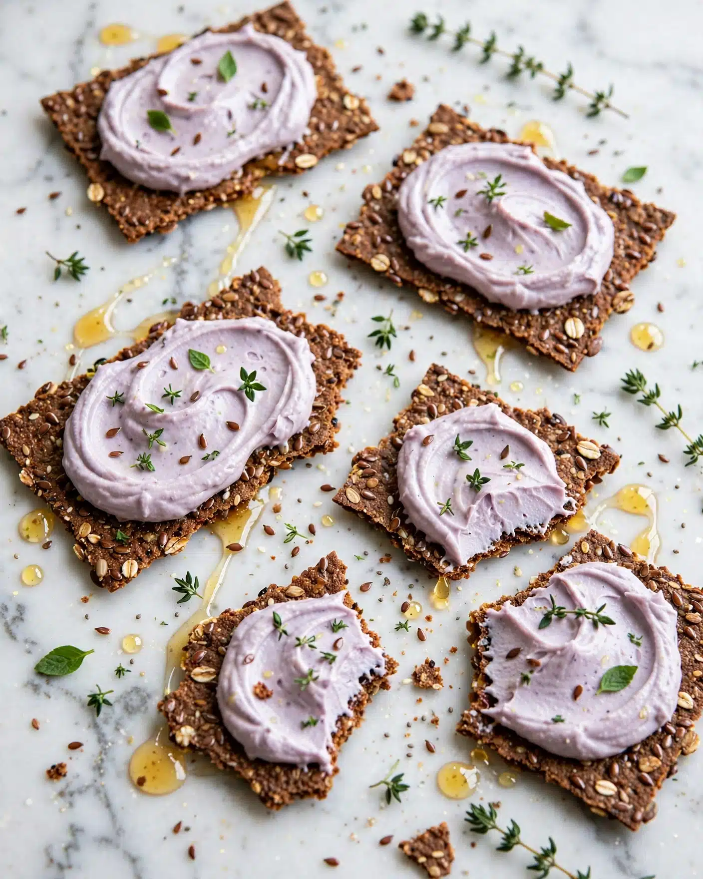 Blueberry Goat Cheese Spread Recipe 5 Several pieces of dark brown, seeded crispbread are spread out on a white marbled surface, each topped with a thick layer of light purple creamy spread. The spread appears smooth with gentle swirls, and small green herb leaves are scattered on top of the spread and around the pieces. A light drizzle of golden honey adds shiny spots around the crispbreads. The textures combine the rough, crunchy crispbread and the soft, creamy spread, set against the clean white marbled background. photo taken with an iphone --ar 4:5 --v 7