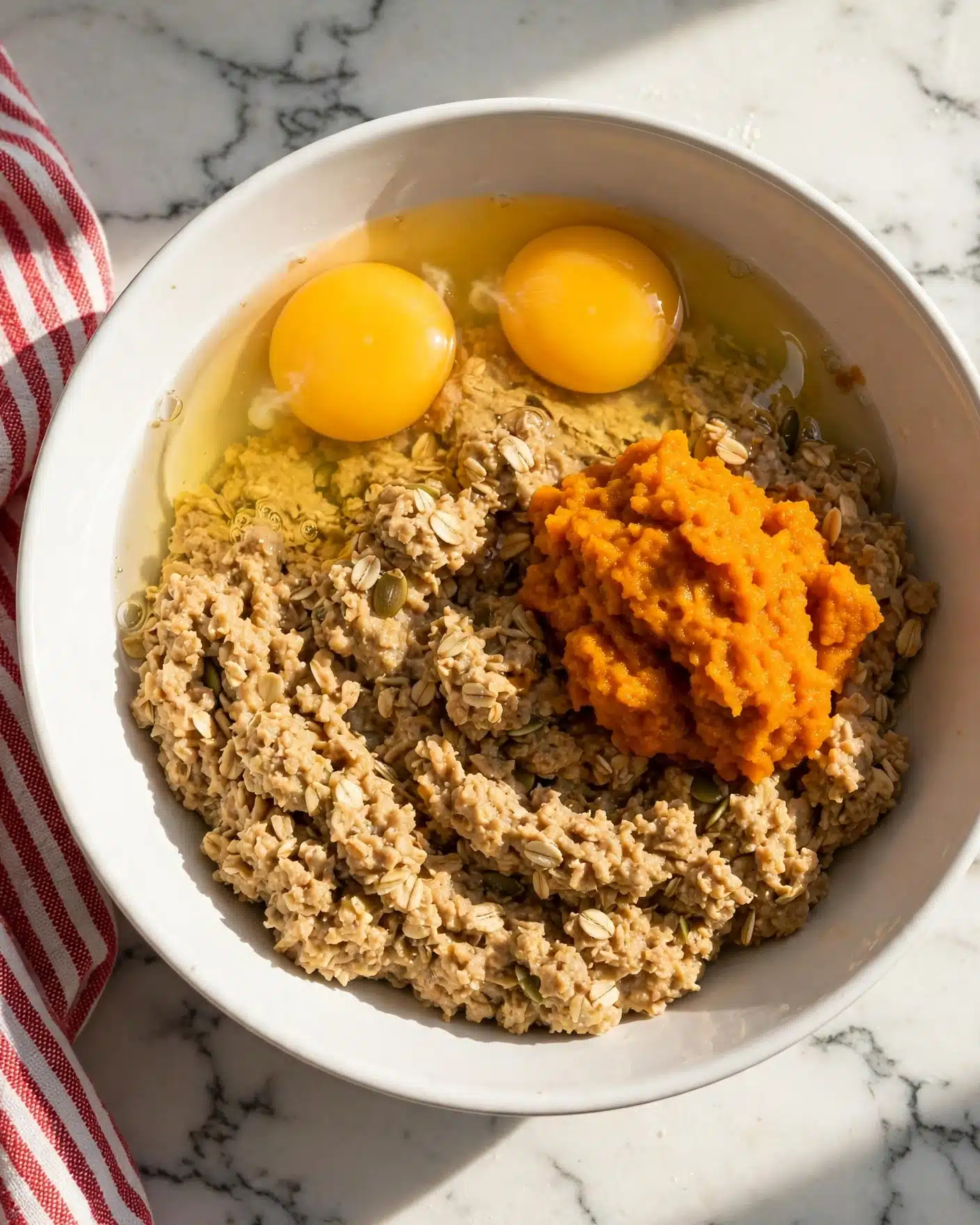 Healthy Pumpkin Carrot Apple Muffins Recipe 4 A white bowl with two cracked raw eggs showing bright yellow yolks on a white marbled surface. Below the eggs is a thick, rough beige mixture that covers the bottom part of the bowl. On top and slightly to the side of the mixture, there is a dollop of bright orange paste with a rough texture. The edges of the bowl are smooth and rounded, and a red and white striped cloth is partially visible on the left side of the image. Photo taken with an iphone --ar 4:5 --v 7