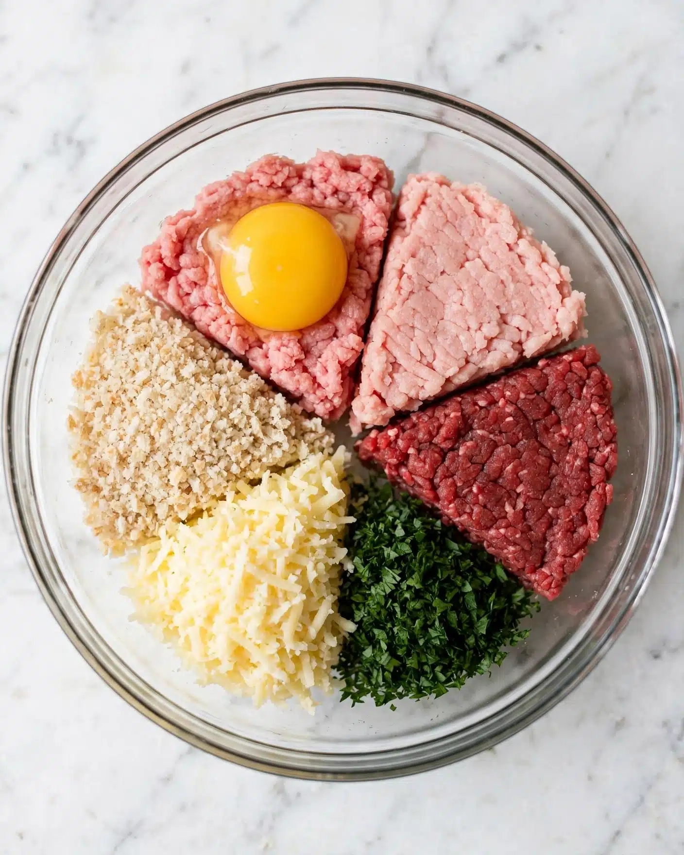 A clear glass bowl holds six distinct layers, all visible from above on a white marbled surface. One layer is bright yellow from a raw egg yolk sitting on a fluffy pink layer of ground meat. Next to it is another ground meat layer, a slightly lighter pink. There is a dark red ground meat layer beside them. A pile of finely chopped dark green herbs sits on one side. Next to the herbs is a light yellow grated cheese layer with a soft, fluffy texture. The last layer is made of light beige breadcrumbs with a rough texture, all arranged neatly in the bowl. Photo taken with an iphone --ar 4:5 --v 7