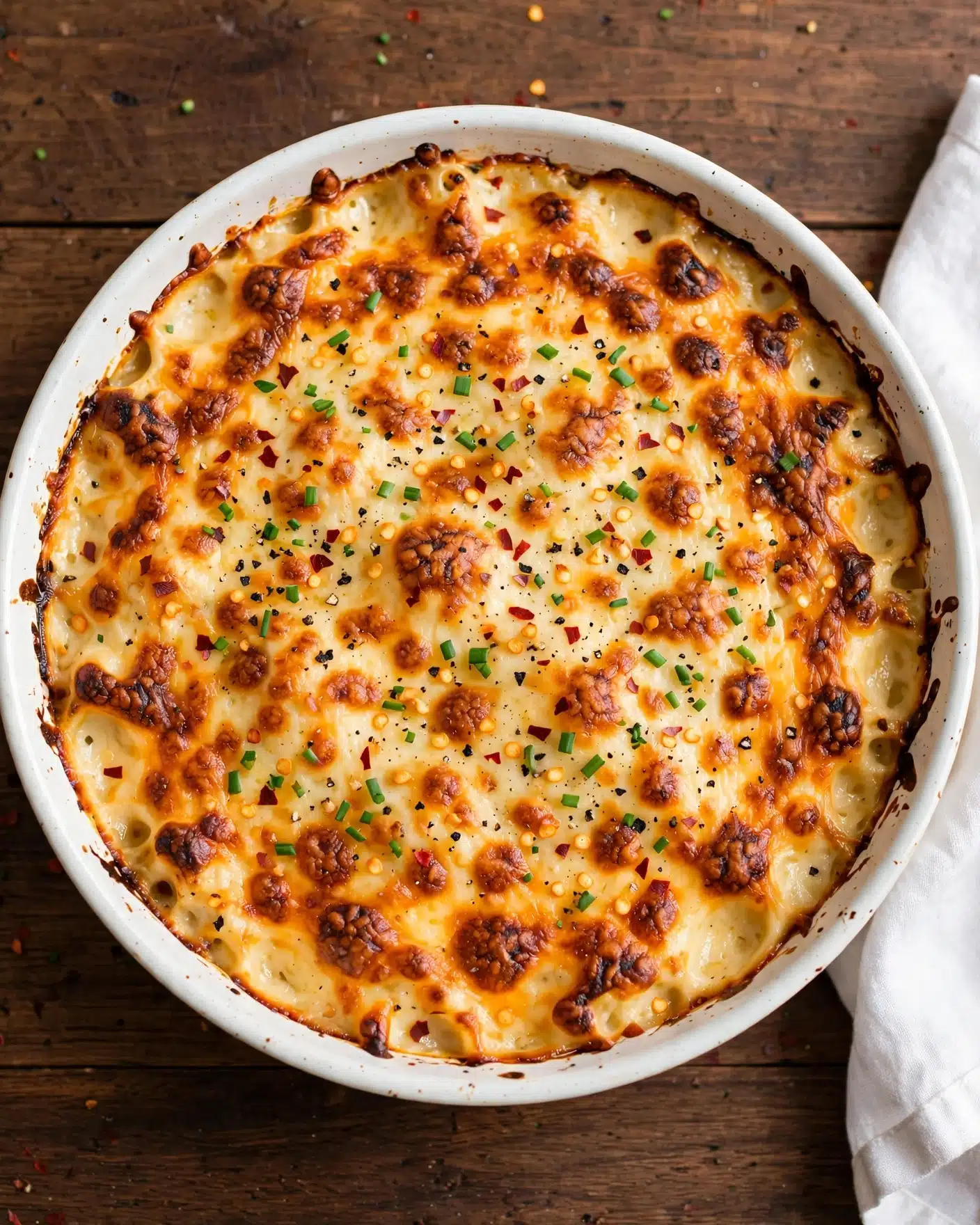 Mashed Potato Gratin Recipe 5 A close-up view of a round, shallow white pan filled with a single thick layer of baked cheesy casserole topped with melted golden-yellow cheese that has browned slightly on the edges. The cheese has a bubbly texture with darker browned spots scattered across the surface, sprinkled with small bright green chopped chives and some black pepper and red chili flakes, creating small pops of color. The pan sits on a rich dark brown wooden surface partially showing a white cloth on the side. photo taken with an iphone --ar 4:5 --v 7