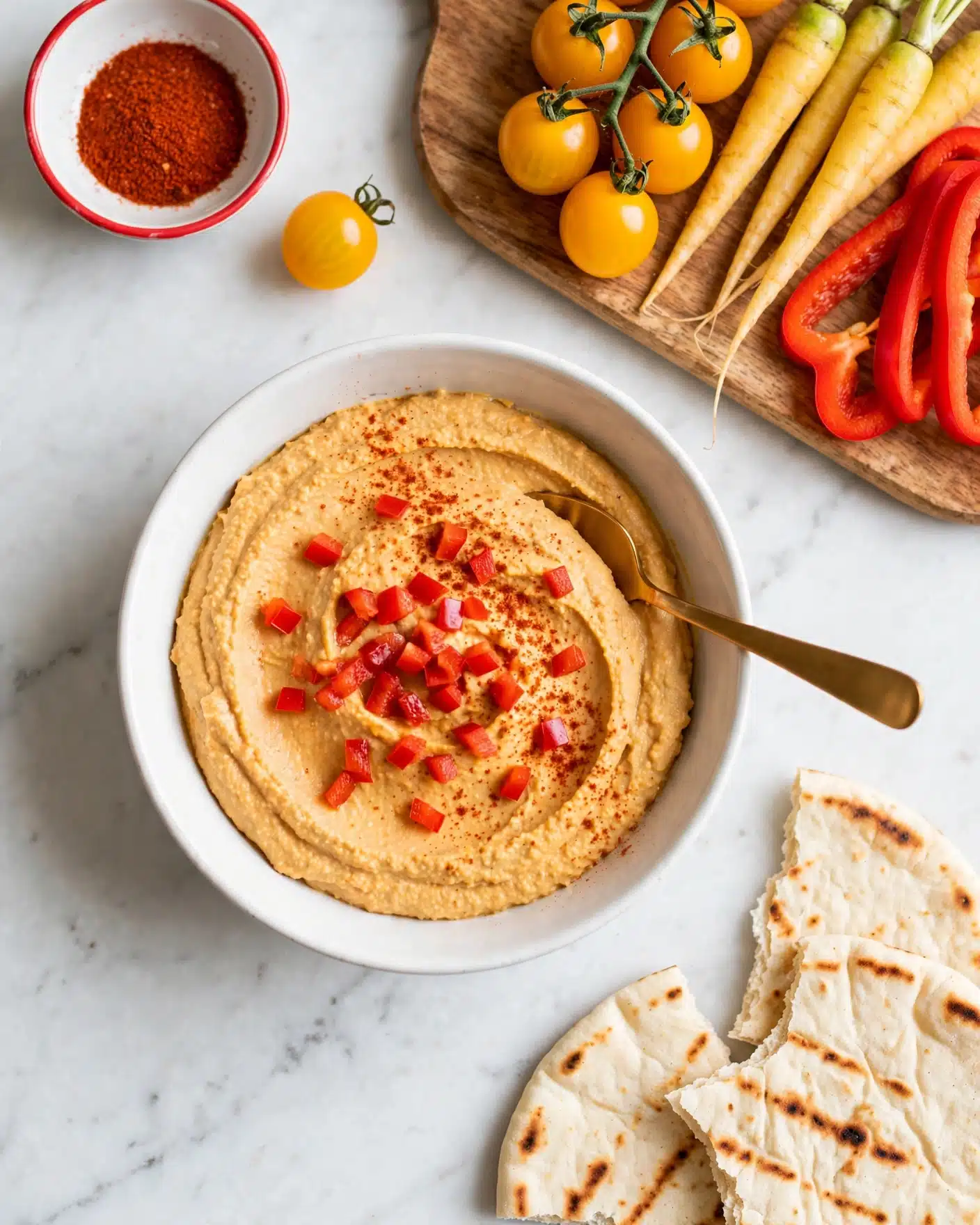 A large white bowl filled with orange creamy hummus spread in soft swirls, topped with small red chopped pieces and a light dusting of paprika. A gold spoon rests inside the bowl on the right. Surrounding the bowl on a white marbled surface, there are white flatbread pieces with grill marks on the bottom right. On the top right, a wooden board holds bright yellow cherry tomatoes on the vine, pale yellow baby carrots, and sliced red bell peppers. To the left top corner, a small white bowl with a red rim contains a reddish powder. A single yellow cherry tomato sits between the small bowl and the wooden board. photo taken with an iphone --ar 4:5 --v 7