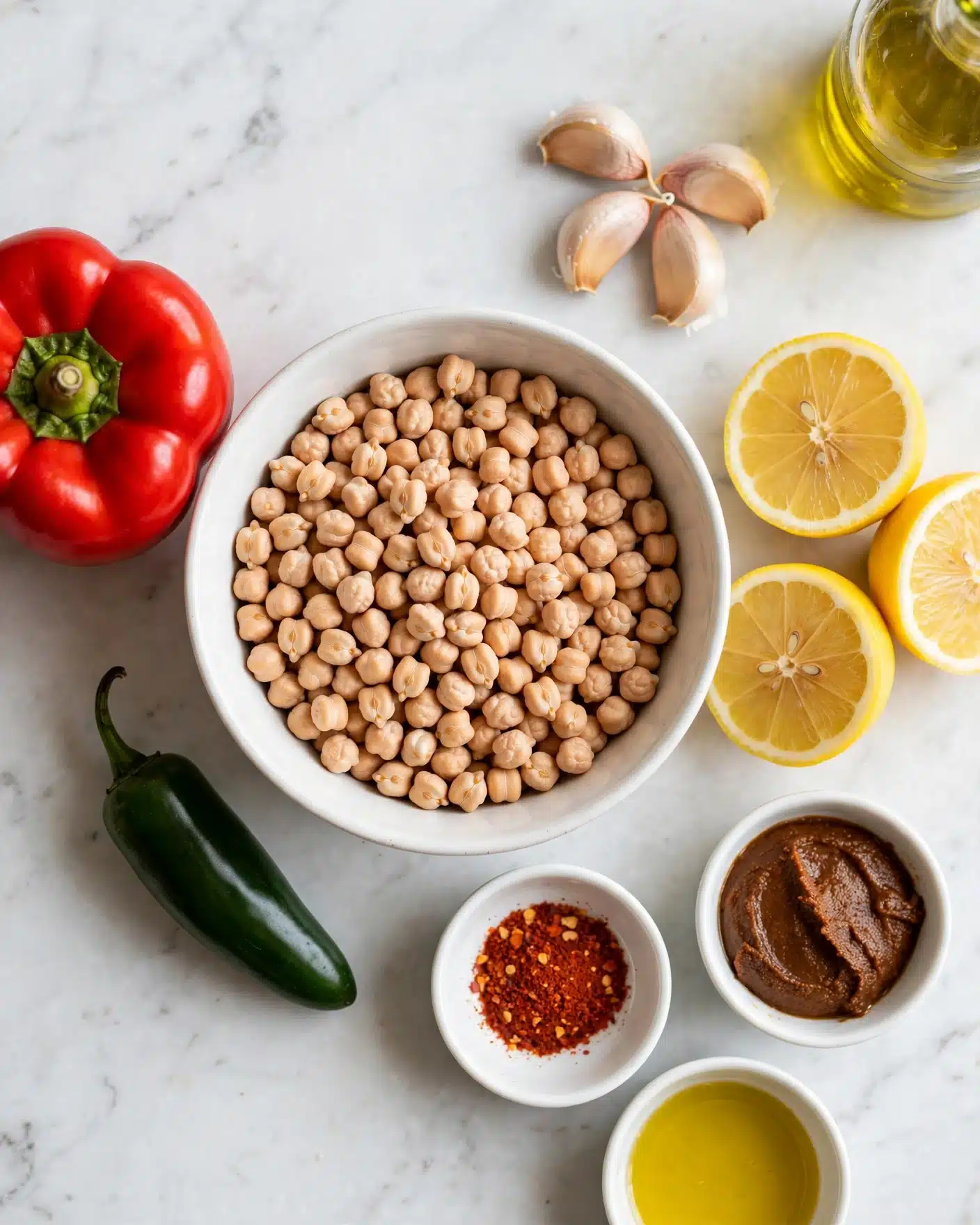 A top view of several ingredients laid out on a white marbled surface for cooking. In the center, there is a white bowl filled with light brown chickpeas. Surrounding the bowl are a bright red bell pepper, a dark green jalapeño, and three lemon halves showing their yellow color and texture. Nearby, there are small white bowls containing a red spice mix, a deep brown paste, and a yellowish liquid. In the upper right corner, there are four cloves of garlic with pale skins. A glass bottle with yellow oil is also partially visible. The lighting is bright and natural, highlighting the colors and textures of the ingredients. photo taken with an iphone --ar 4:5 --v 7