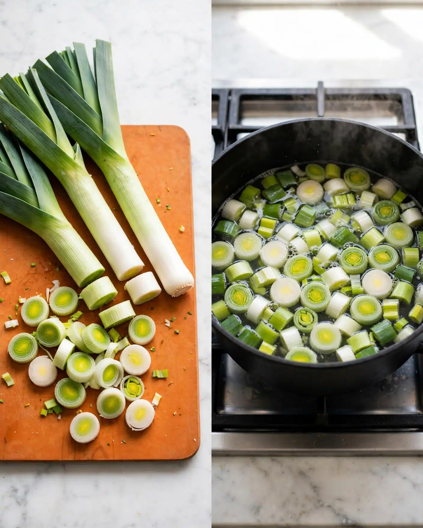 The image shows two photos side by side on a white marbled surface. On the left, leeks are laid flat on an orange cutting board, sliced into thick rounds from white at the bottom to green at the top, with the long green leaves still attached. On the right, a black pot filled with water is on a stove, where chopped leeks float, displaying bright white and green circles and rings, showing their texture as they simmer. The colors are fresh green and white with a slight shine from the water, and the black pot contrasts against the white marbled surface. photo taken with an iphone --ar 4:5 --v 7