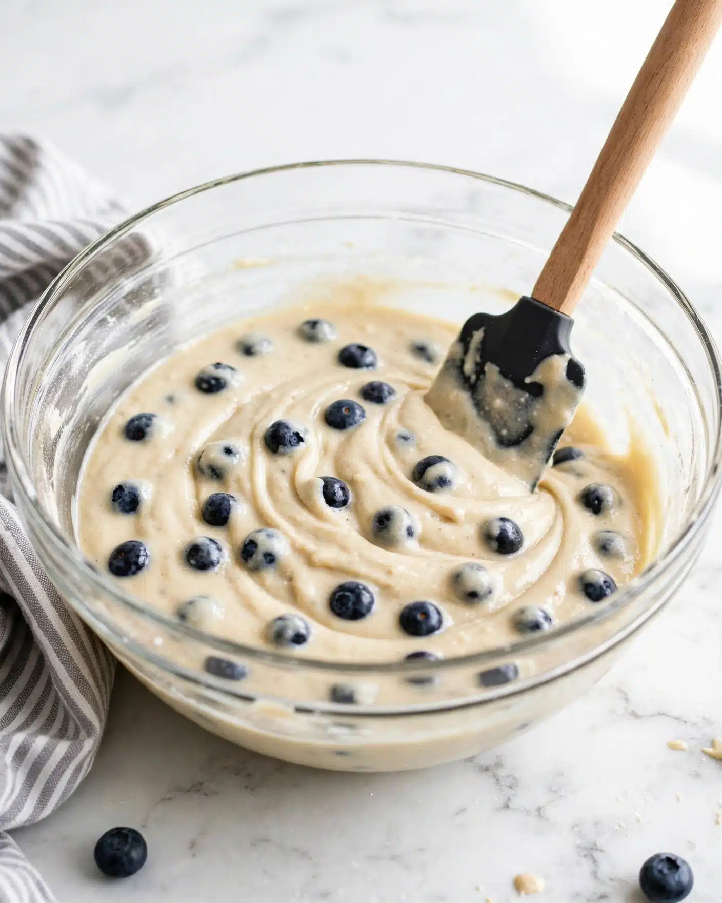 A clear glass bowl holds a creamy, light beige batter mixed with whole dark blueberries evenly spread throughout. A spatula with a wooden handle and a black silicone head rests in the batter, partially submerged on the right side. The bowl sits on a white marbled surface with a soft gray and white striped cloth partially visible on the left side. The batter is smooth with some gentle swirls and folds from mixing. Photo taken with an iphone --ar 4:5 --v 7